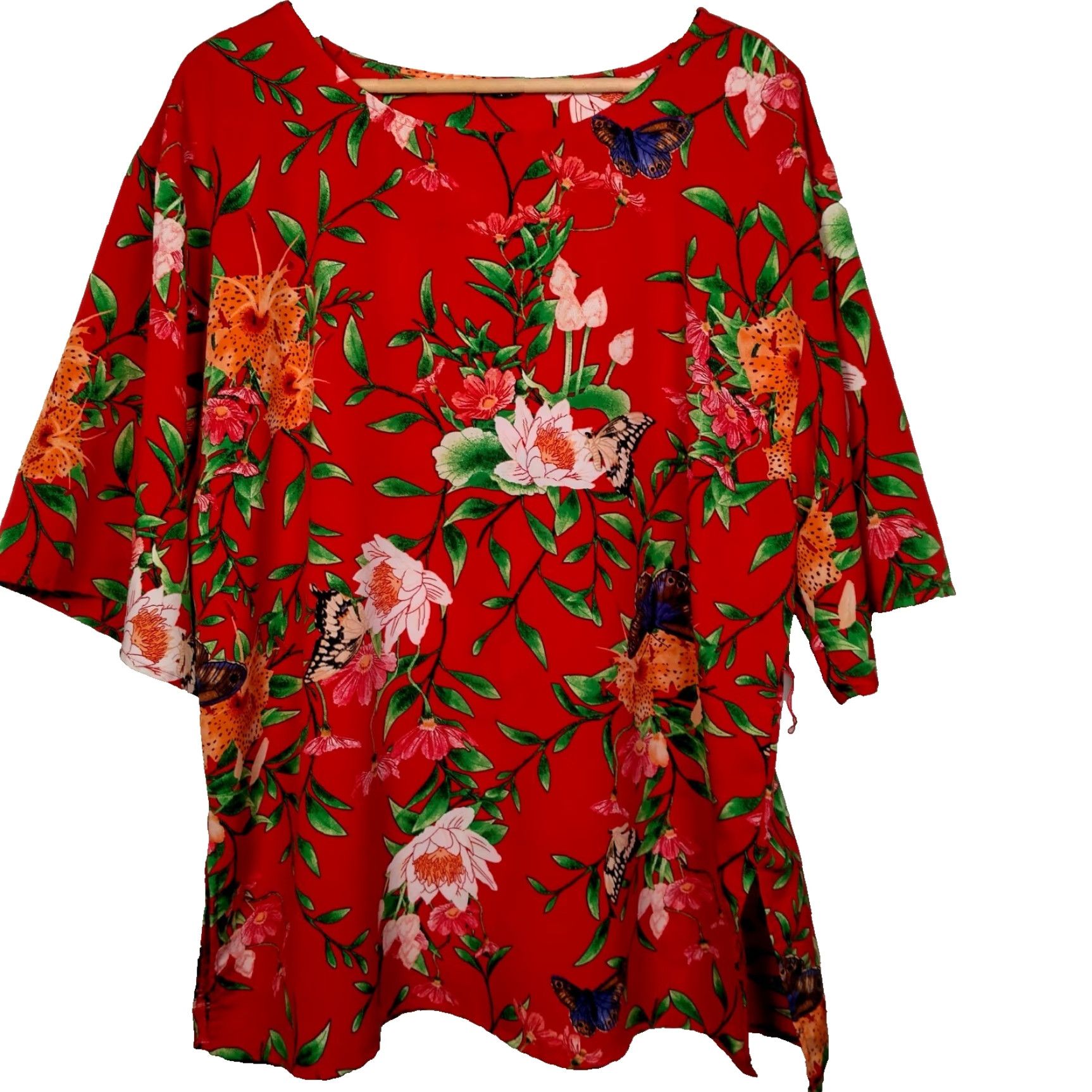 Vintage Avon Blouse Shirt Women XL Red Butterfly Floral Belted Tunic Top Size XL / US 12-14 / IT 48-50 - 4 Thumbnail