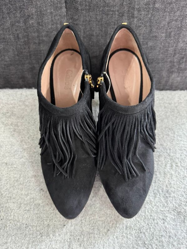 Chloe Chloé Heels Fringe Ankle Boots Black Suede Trim size 39 Size US 9 / IT 39 - 3 Thumbnail