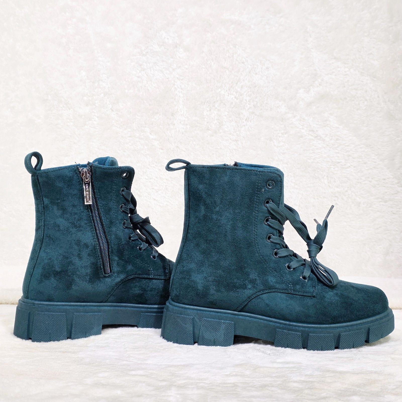 Other Cozy Teal Faux Suede Combat Ankle Boots Matching Color Sole Size US 8 / IT 38 - 2 Thumbnail