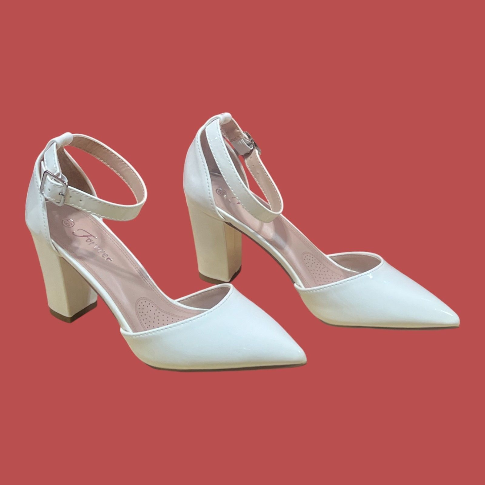 Other Forever - Women's Buckle Ankle Strap Chunky Heel Pumps - Whi Size US 6.5 / IT 36.5 - 3 Thumbnail