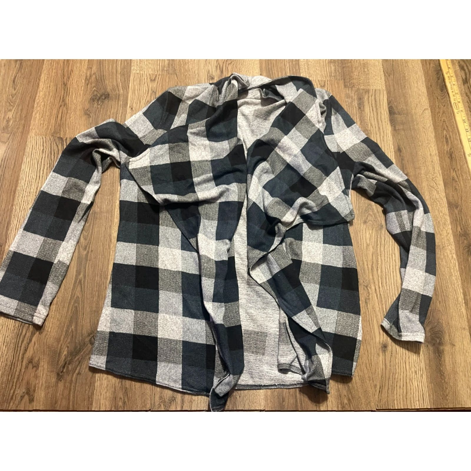 Vintage ee:some Sweater Women's Cardigan, Medium, Plaid Open Cardigan, Gray Black Green, Casual, Regular Fit, Fall Spring Summer, Womens Size M / US 6-8 / IT 42-44 - 2 Thumbnail