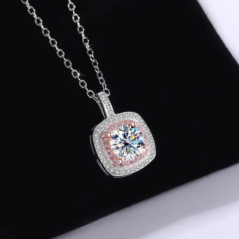 Jewelry × Sterling Silver S925 Silver Square Pendant Necklace Moissanite Light Luxury Size ONE SIZE - 5 Thumbnail