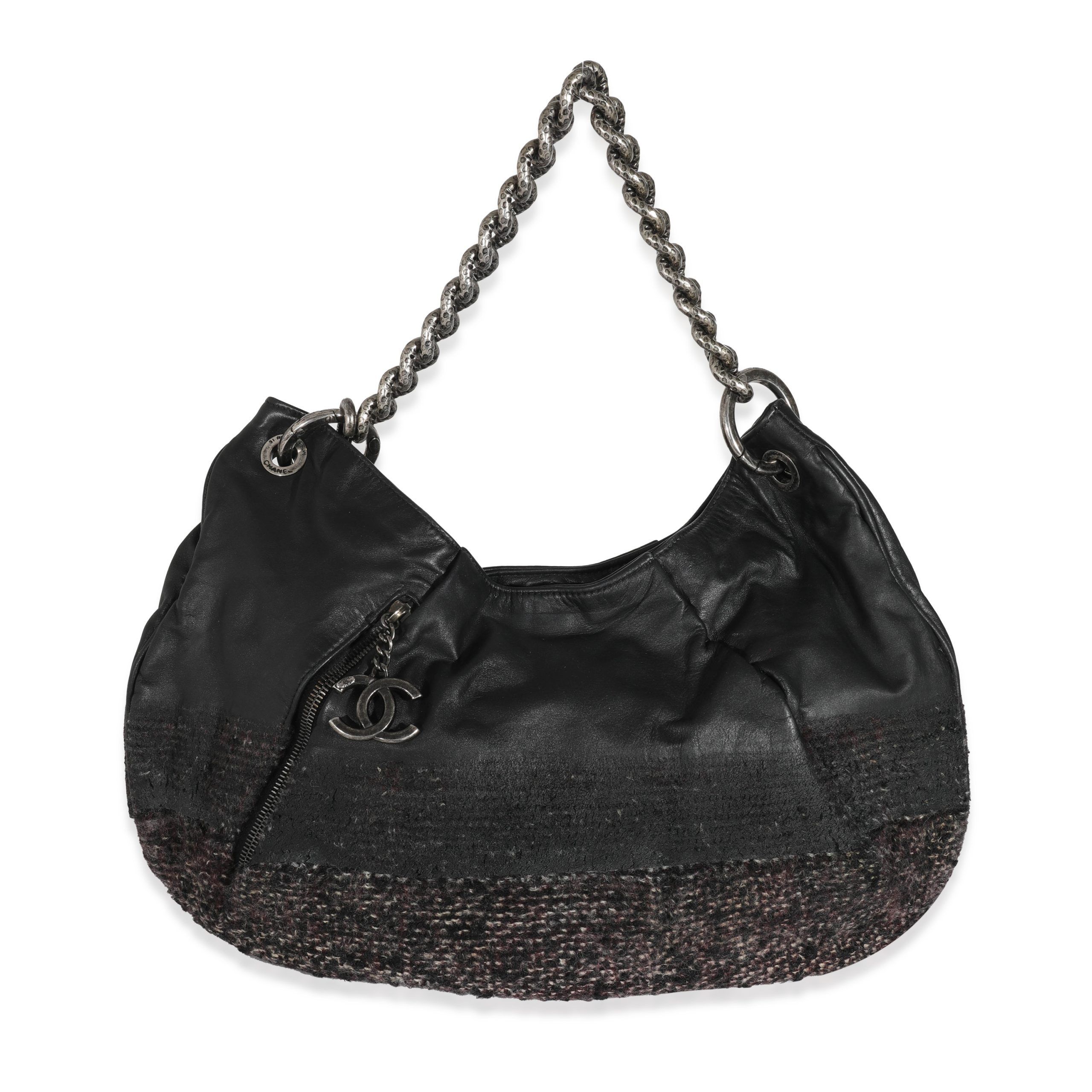 image of Chanel Black Tweed Leather Coco Pleats Hobo, Women's