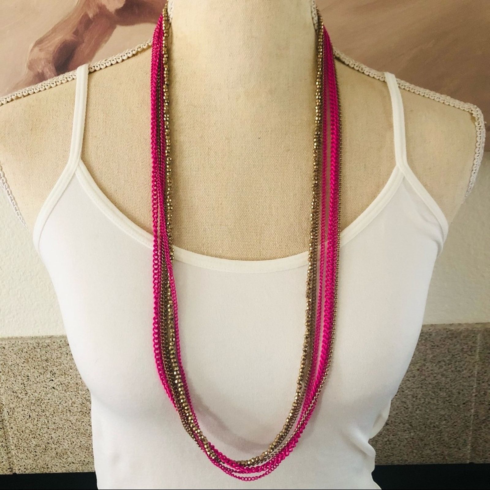 Jewelry Multi strand pink chain brass sparkle bead necklace Size ONE SIZE - 1 Thumbnail