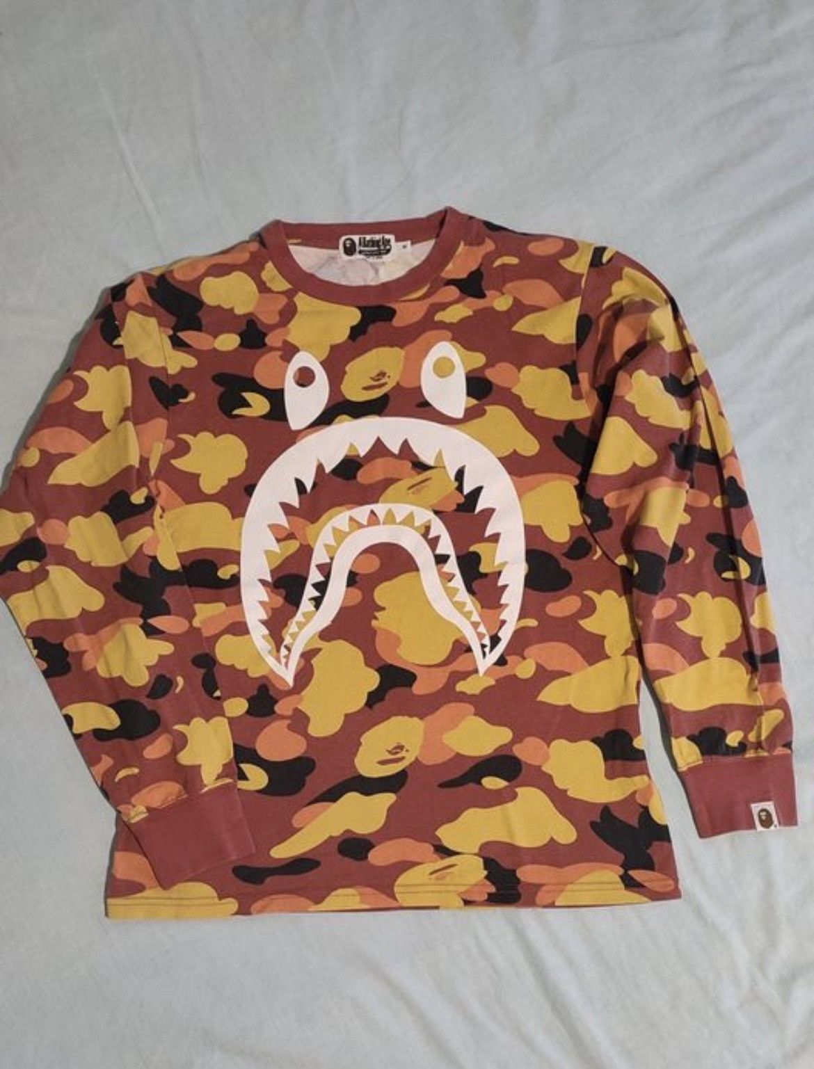 image of Bape 1St Camo Shark L/s Tee in Orange, Men's (Size Small)