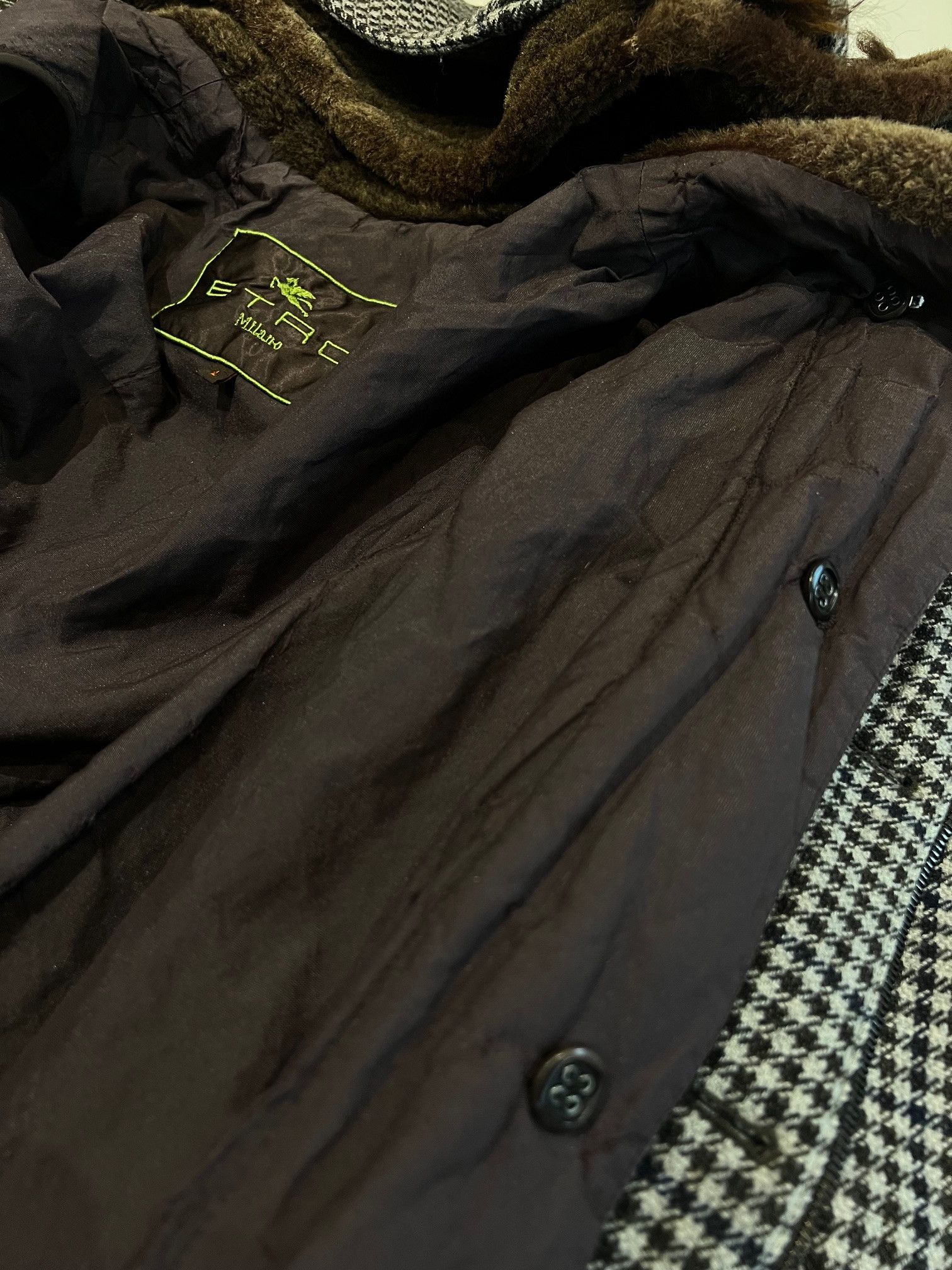Etro ETRO Milano Wool Blend Houndstooth Coat with Shearling Hood Size US L / EU 52-54 / 3 - 8 Thumbnail