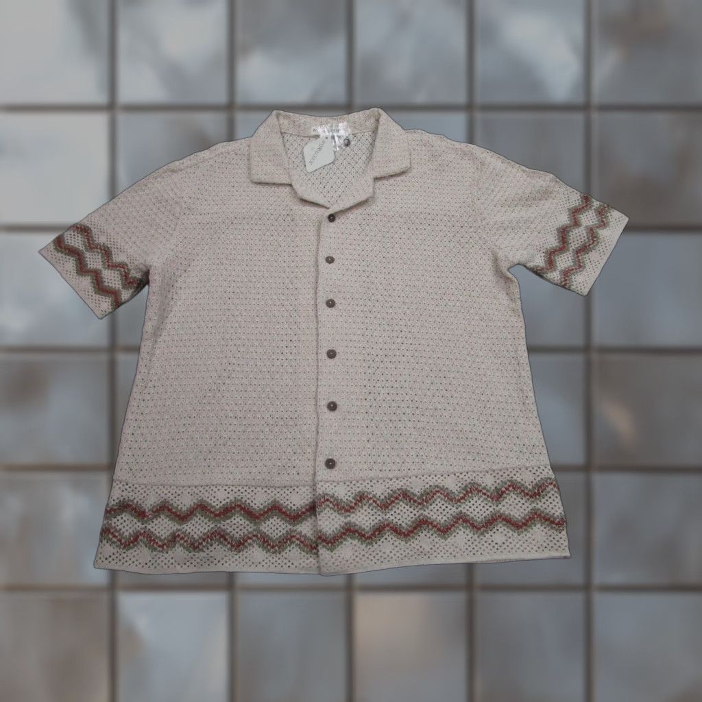 Vintage Morsecode Shirt Mens M Beige Crochet Knit Button up rockabilly indie beach boho Shirt Button-Up Vintage No? Size US M / EU 48-50 / 2 - 1 Thumbnail