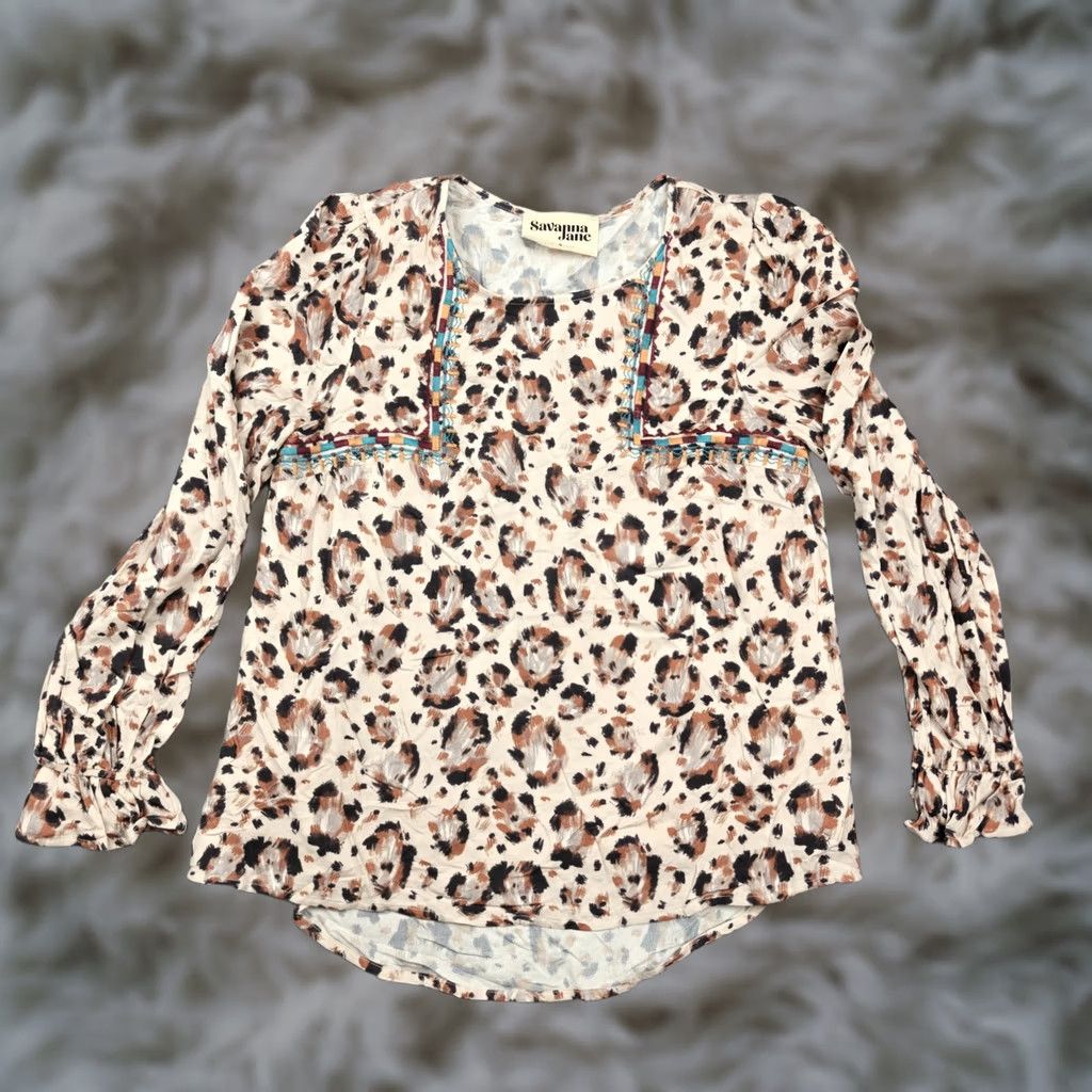 Vintage Savanna Jane Blouse Womens S Beige Leopard Embroidered Tunic Top Long Sleeve Shirt Size S / US 4 / IT 40 - 1 Thumbnail