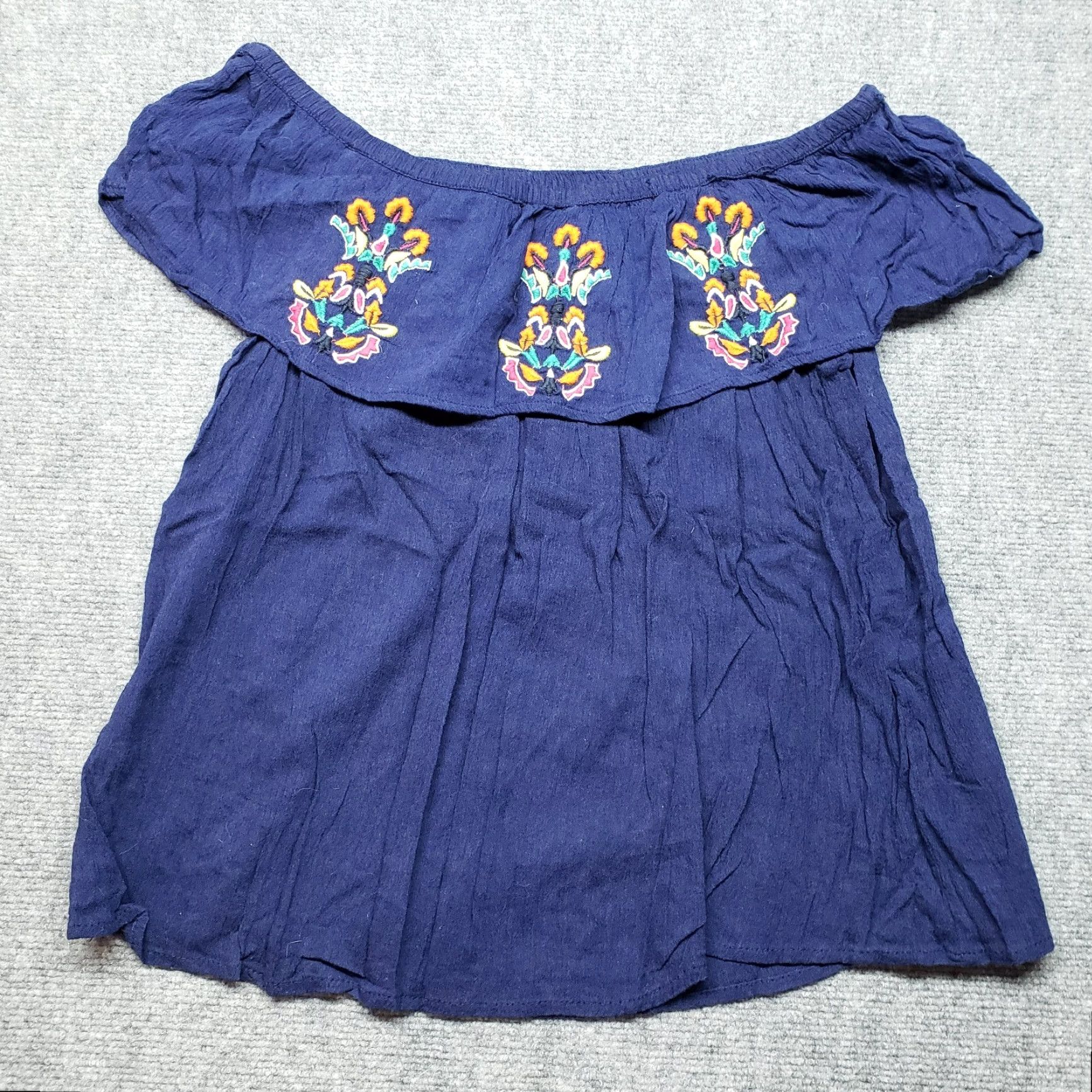 Vintage New Directions Blouse Womens M Blue Floral Embroidered Off the Shoulder Casual Size M / US 6-8 / IT 42-44 - 2 Thumbnail