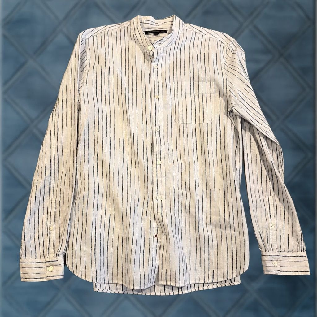 John Varvatos John Varvatos White & Navy Stripe Long Sleeve Band Collar Button Up Shirt M Men Size US M / EU 48-50 / 2 - 1 Thumbnail