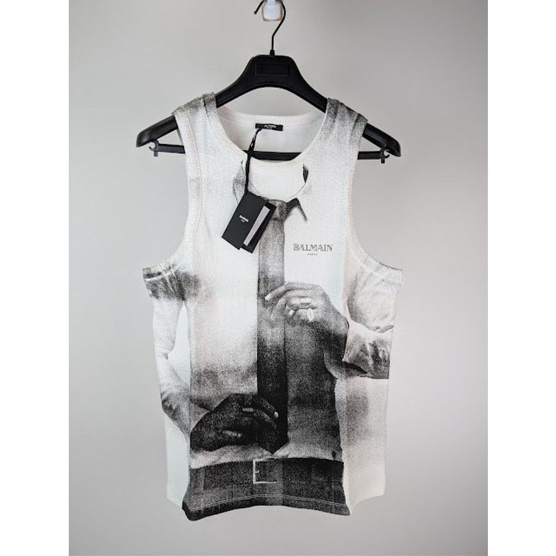 Balmain o1rshd1 Ribbed Tie Print Tank Top in White Size US XL / EU 56 / 4 - 2 Thumbnail
