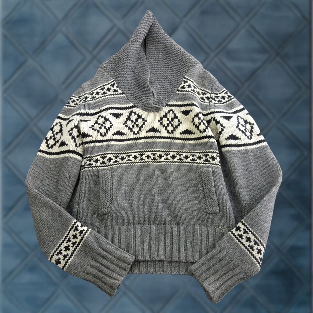 TNA TNA Sweater Womens S Gray 100% Wool Hooded V-Neck Fair Isle Pullover Raglan Knit Pocketed Size S / US 4 / IT 40 - 1 Thumbnail
