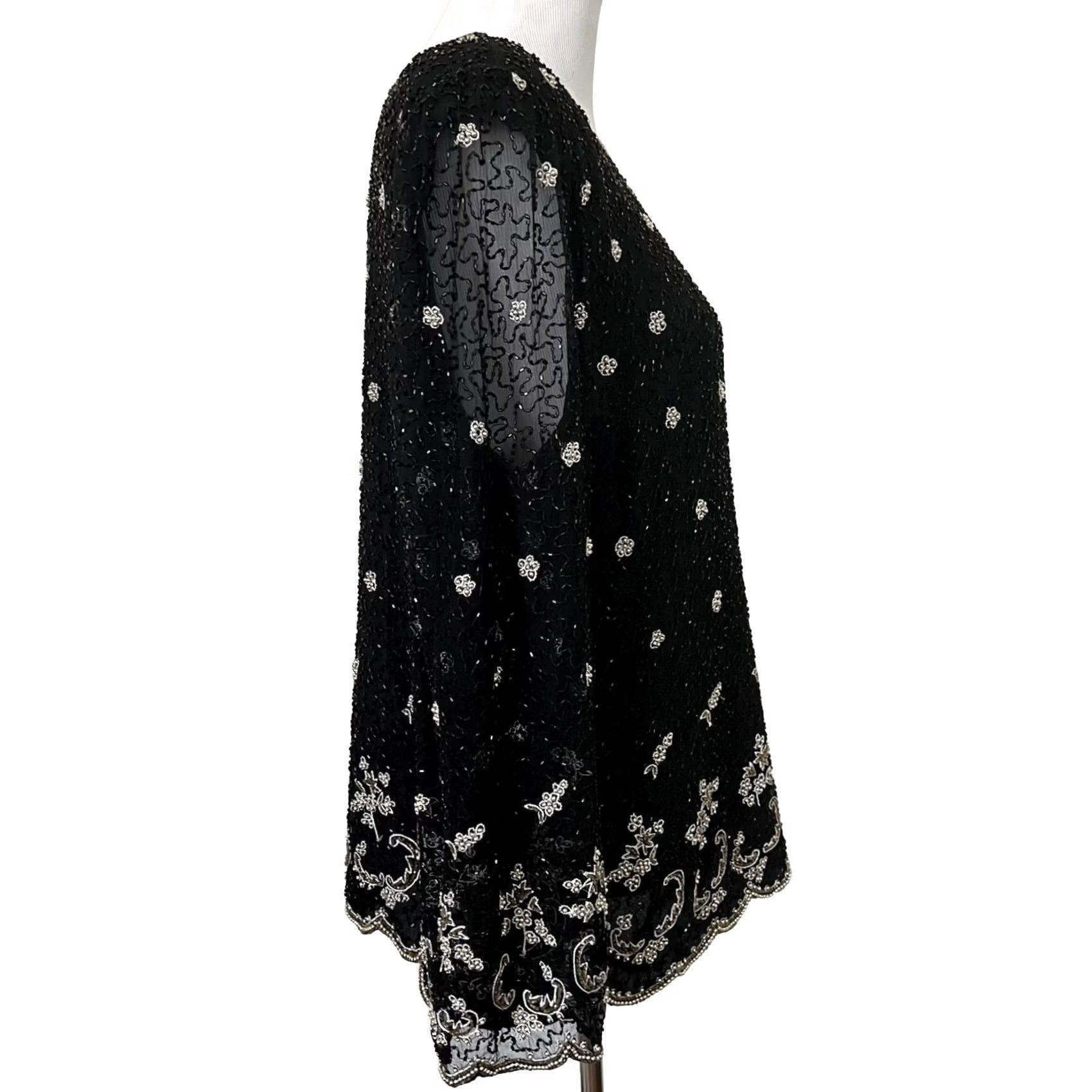 Vintage VINTAGE Laurence Kazar Black Beaded Silk Top Blouse 1X Long Sleeve Eveningwear Shirt Former 80s Womens Size XL / US 12-14 / IT 48-50 - 7 Thumbnail