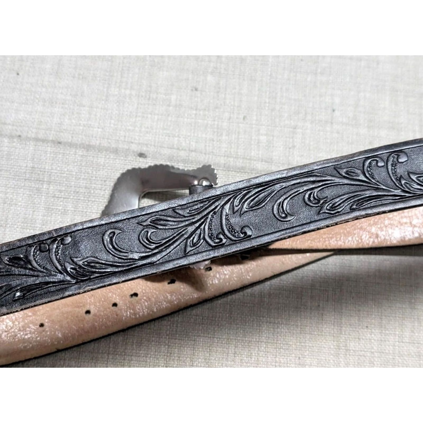 Tony Lama VINTAGE Tony Lama Belt 34 black TOOLED cowhide leather WESTERN buckle USA made Size 34 - 6 Thumbnail