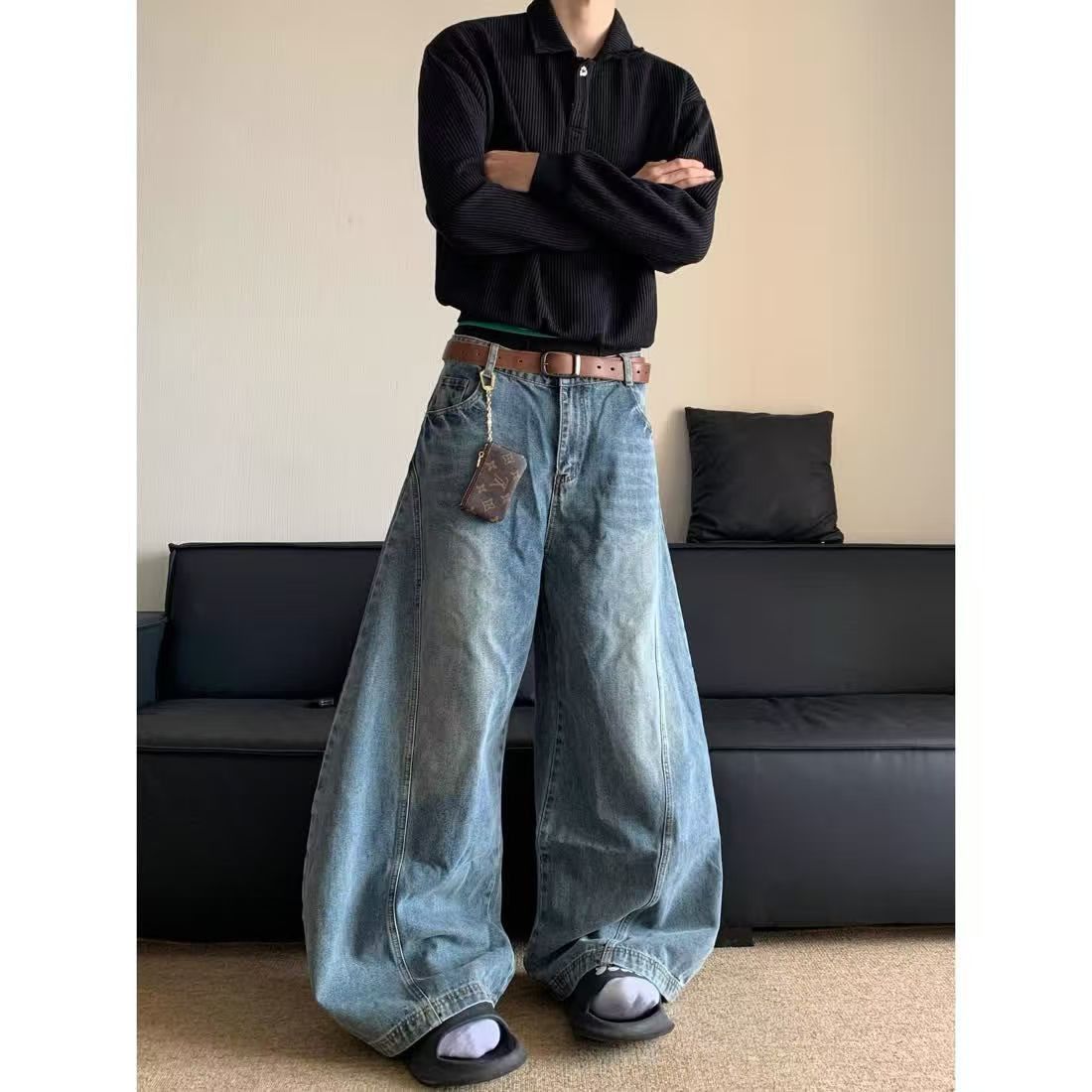 Blue street wide-leg washed distressed scimitar jeans
