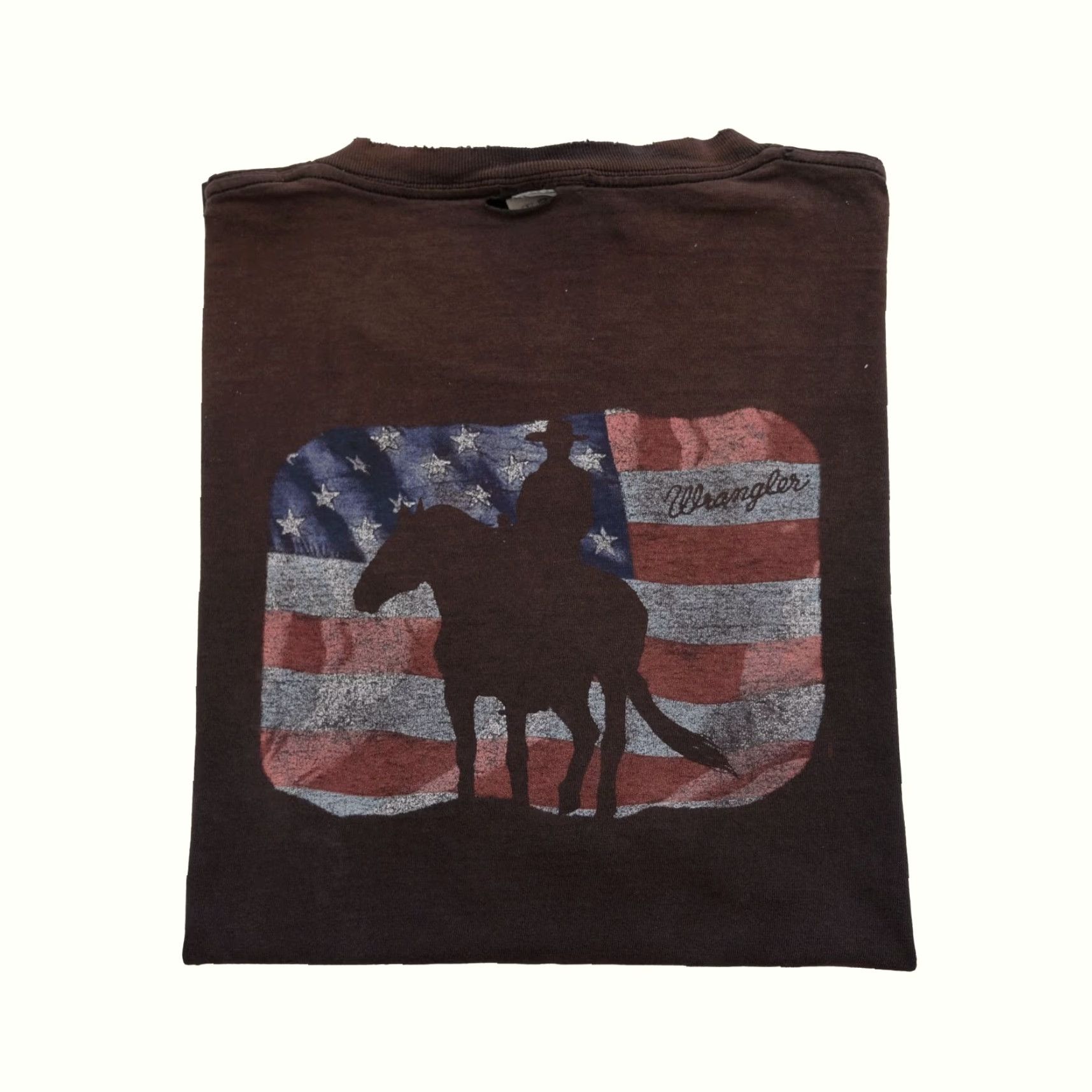Wrangler VINTAGE Wrangler T-Shirt BLACK 90s HORSE FLAG WESTERN distressed paint faded XL Mens Regular Short Sleeve Crew Neck Shirt Size US XL / EU 56 / 4 - 2 Thumbnail