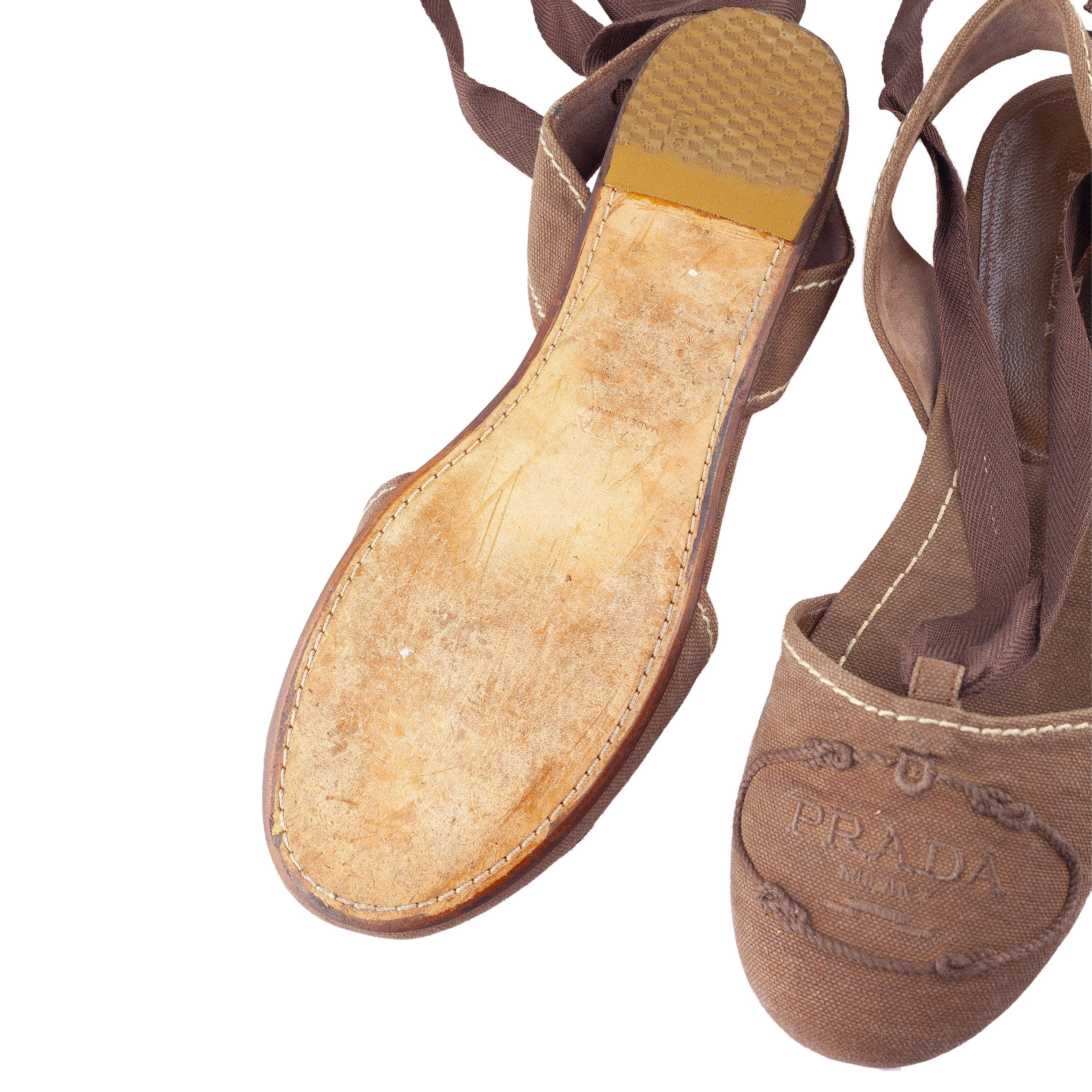 Prada Prada Brown Logo Lace-Up Flat Espadrilles Size US 6.5 / IT 36.5 - 10 Thumbnail
