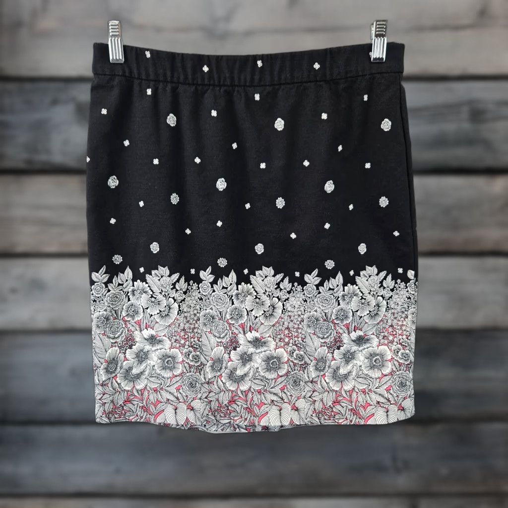 J. Jill J Jill Womens Pencil Skirt 8 Black Pink Floral Pull On Cotton Blend Skirt Womens Size 30" / US 8 / IT 44 - 1 Thumbnail