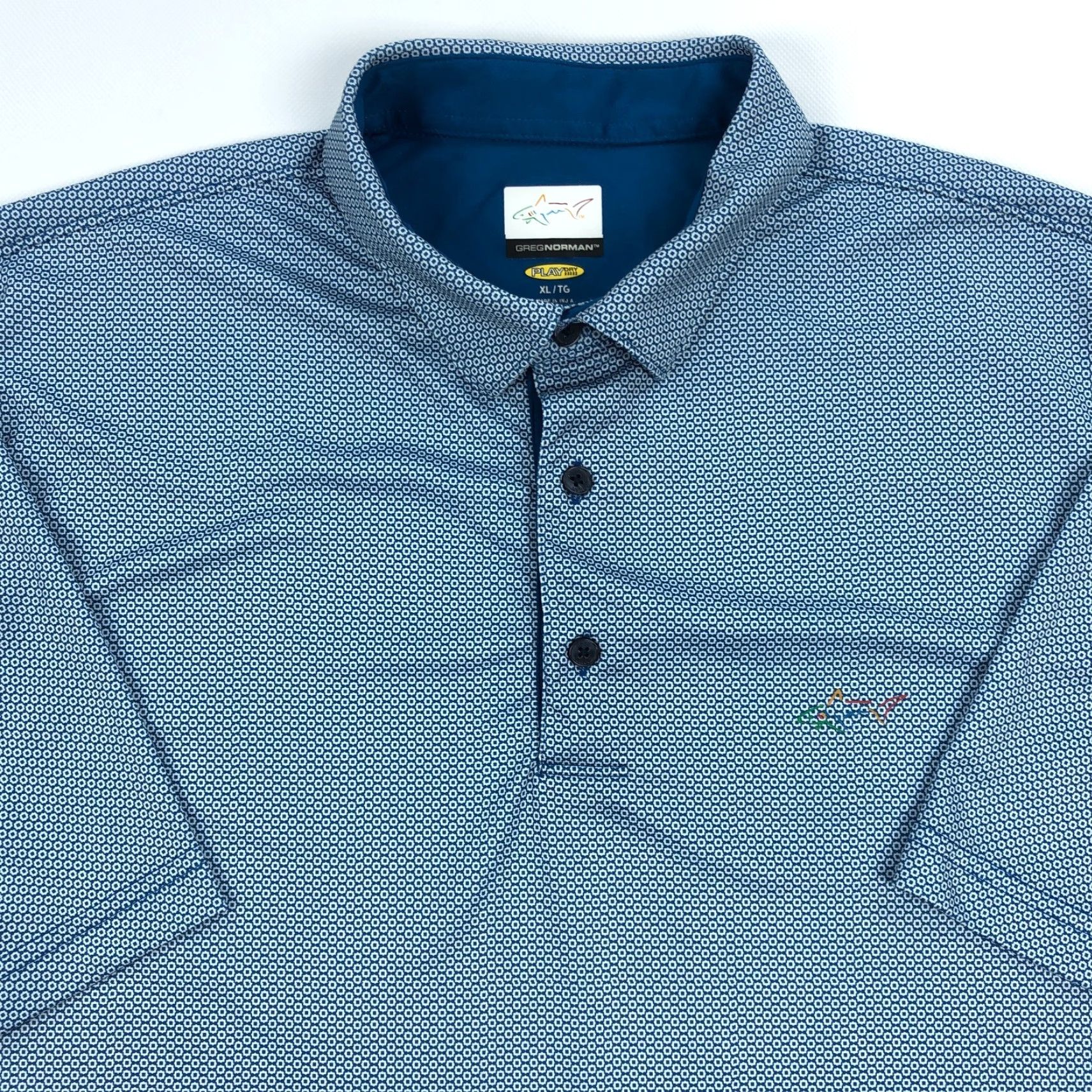 Vintage Greg Norman Polo Shirt Men XL Golf Performance Play Dry Shark Shirt Short Sleeve Blue Geometric UV Moisture Wicking Crown Sport Men’s XL Polo Size US XL / EU 56 / 4 - 2 Thumbnail