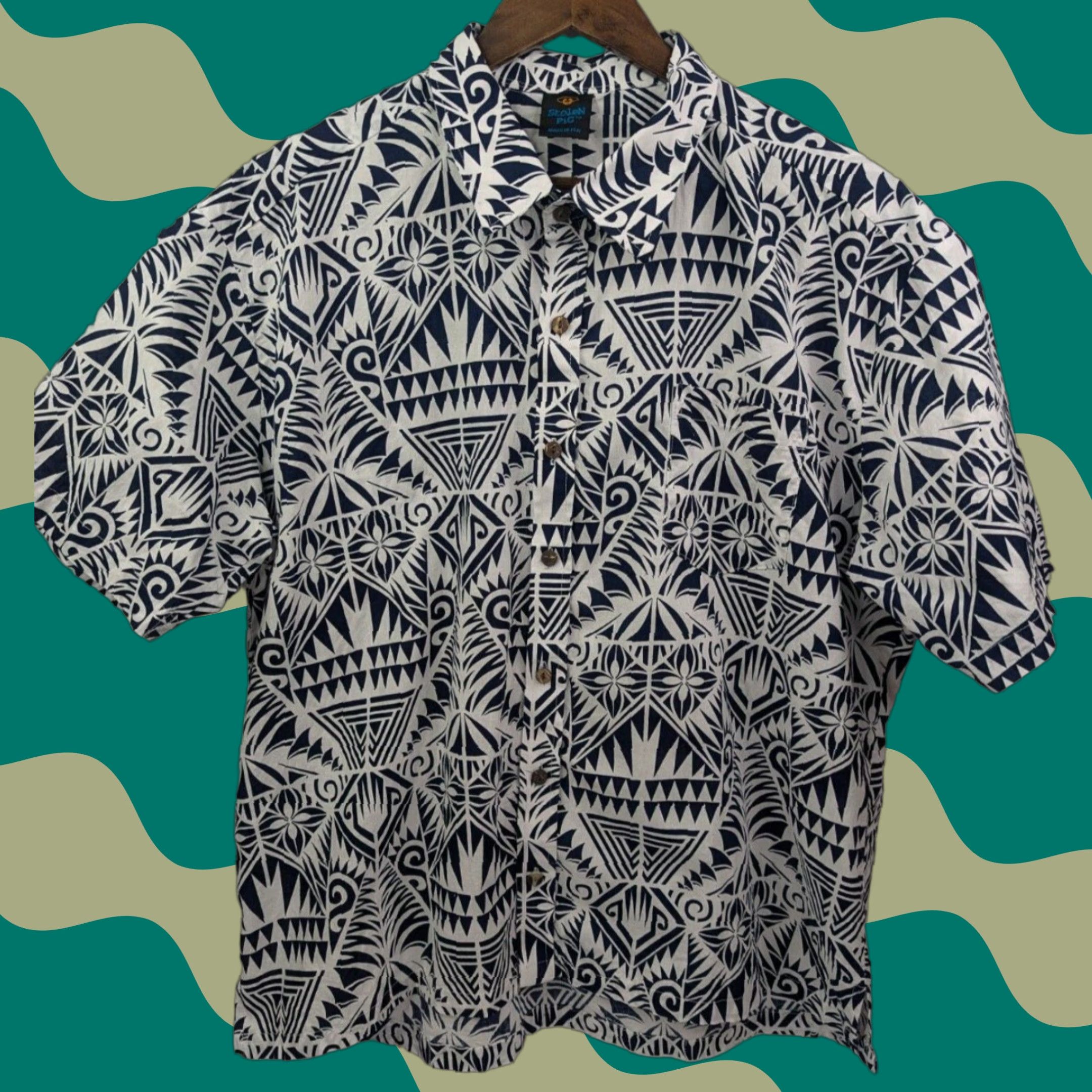 Vintage Stolen Pig Button-Up Hawaiian Shirt Men's 2XL Short Sleeve, Blue, Fiji Made, Button-Up, Hawaiian, 2XL, Men, Shirt, Vintage: No Size US XXL / EU 58 / 5 - 1 Thumbnail