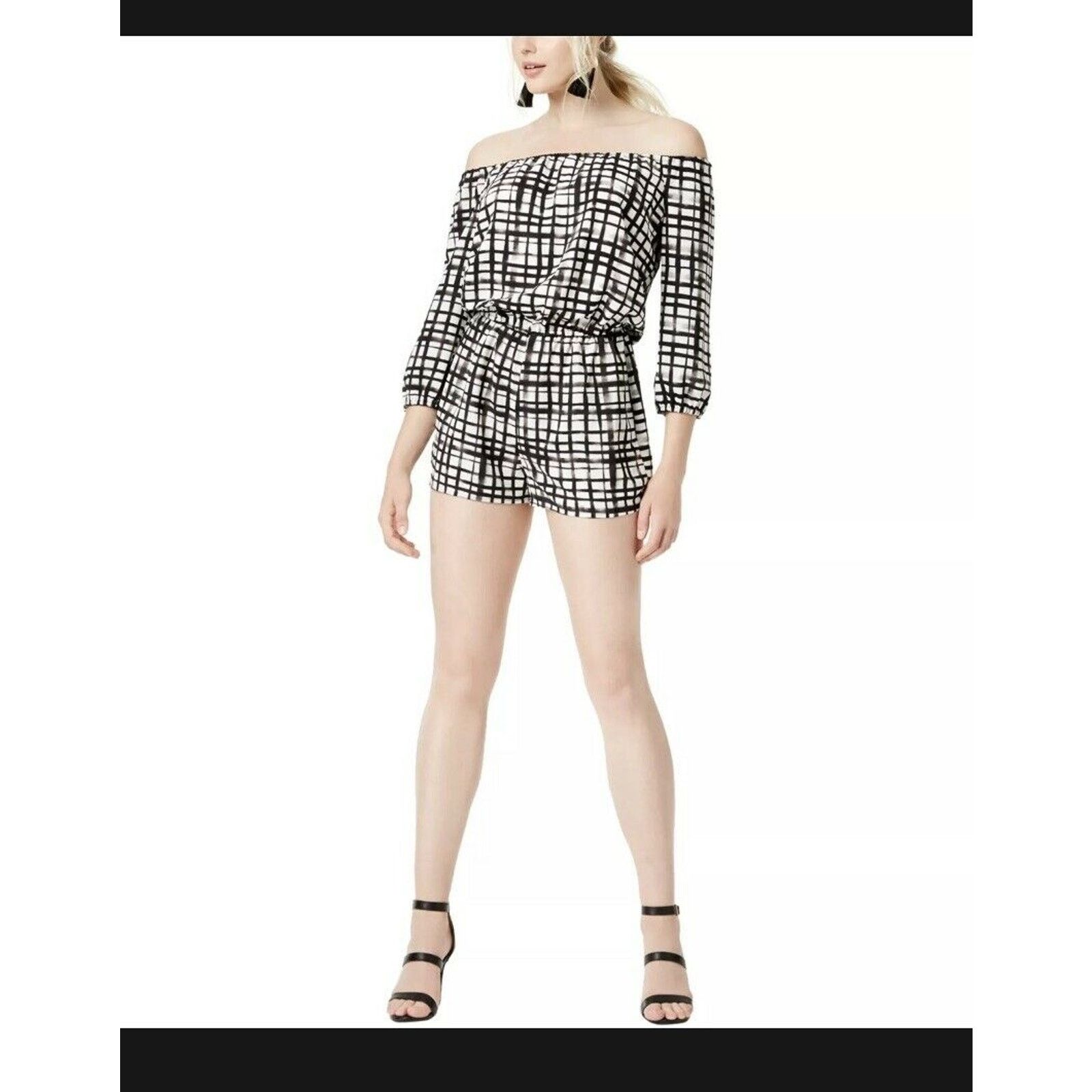 Bar III Bar III Off Shoulder Romper Black White Elastic Waist S Size 27" / US 4 / IT 40 - 2 Thumbnail