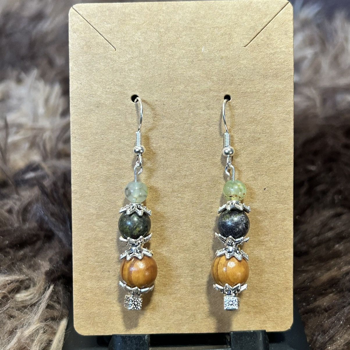 Handmade Handcrafted vintage wood bead dragon vein agate earrings Size ONE SIZE - 2 Thumbnail