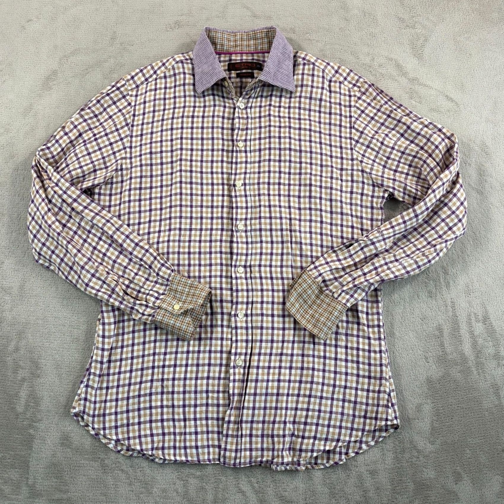 Etro ETRO Milano Slim Fit Dress Shirt 43 Multi Plaid 100% Linen Italy Contras Collar Size 46R - 3 Thumbnail