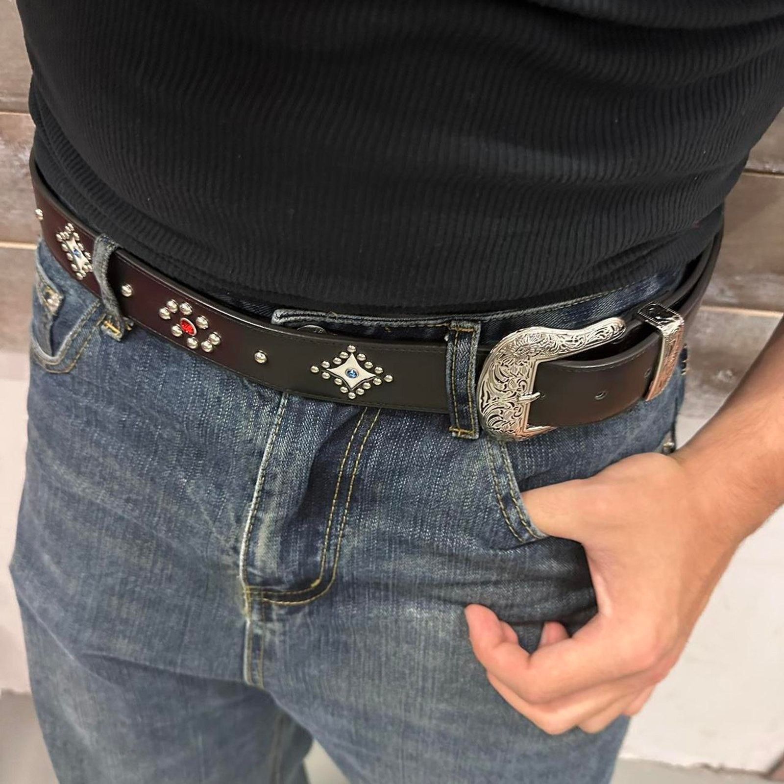 Other Black studded western style belt MENS Size 34 - 5 Thumbnail