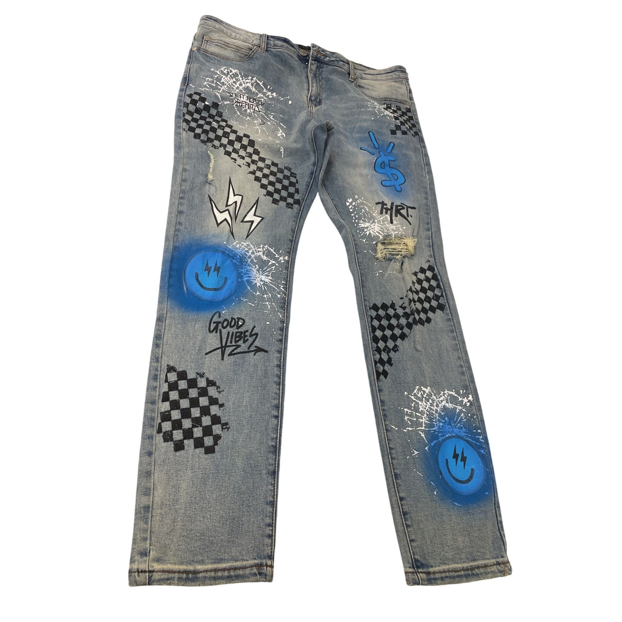 Other THRT Mens Blue Graffiti Y2K Denim Jeans Size 40x31SKU 8548 Size US 40 / EU 56 - 1 Thumbnail
