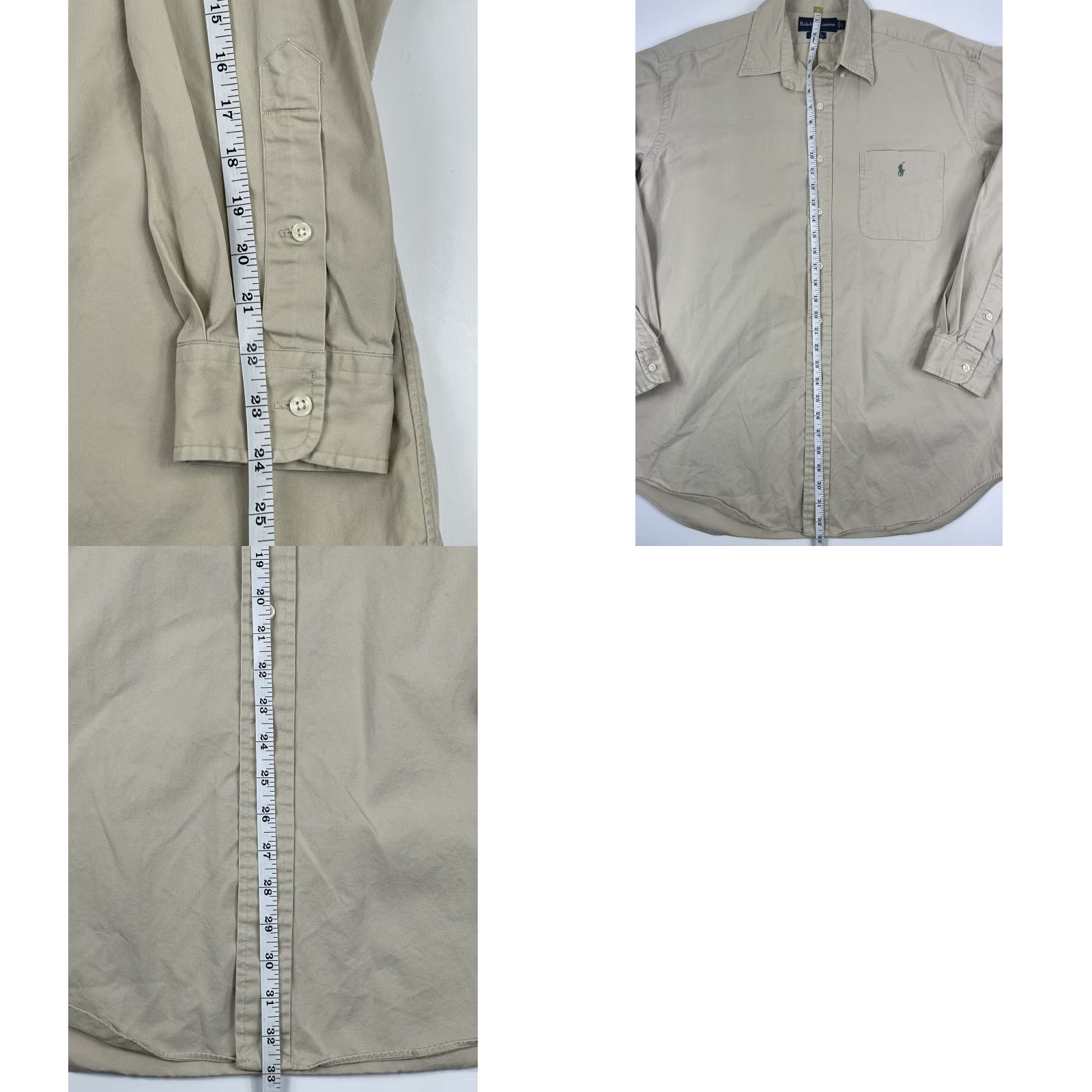 Ralph Lauren VINTAGE Ralph Lauren Polo Shirt Blake Button-Up Knit Cotton 2-Ply Brown Plaid Long Sleeve Mens L Tan Green Pony 90s Size 42R - 8 Thumbnail