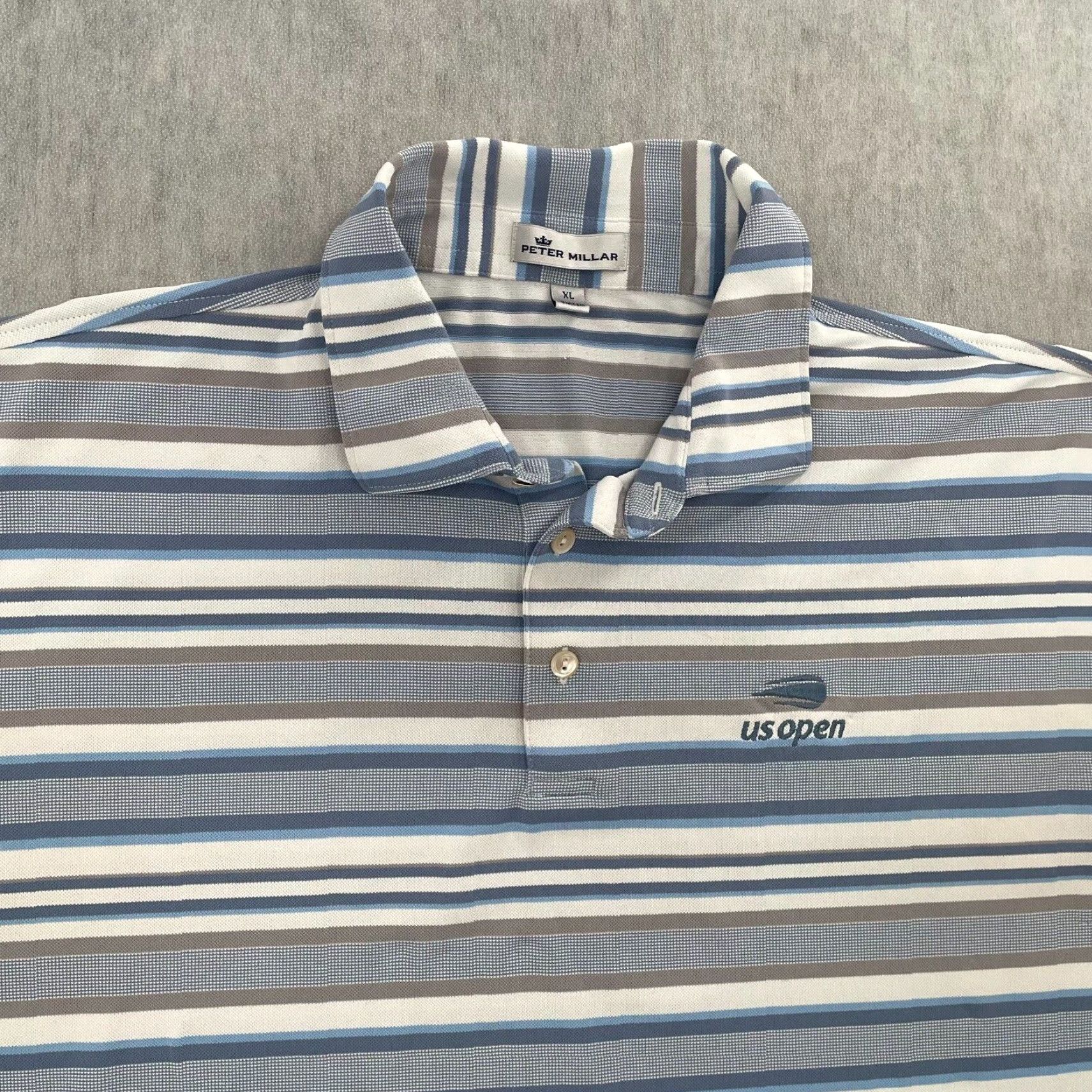 Peter Millar Peter Millar Polo Adult XL Gray Blue Striped US Open Logo Mens Size US XL / EU 56 / 4 - 3 Thumbnail