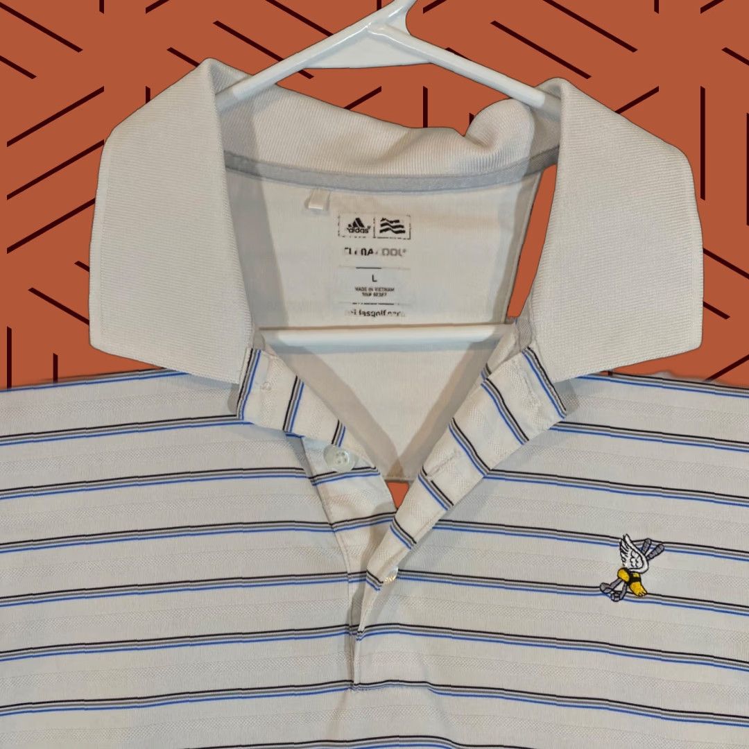Adidas WINGED FOOT Polo Shirt Mens L White Blue Adidas Striped Performance Sport Golf Logo Shirt Size US L / EU 52-54 / 3 - 1 Thumbnail