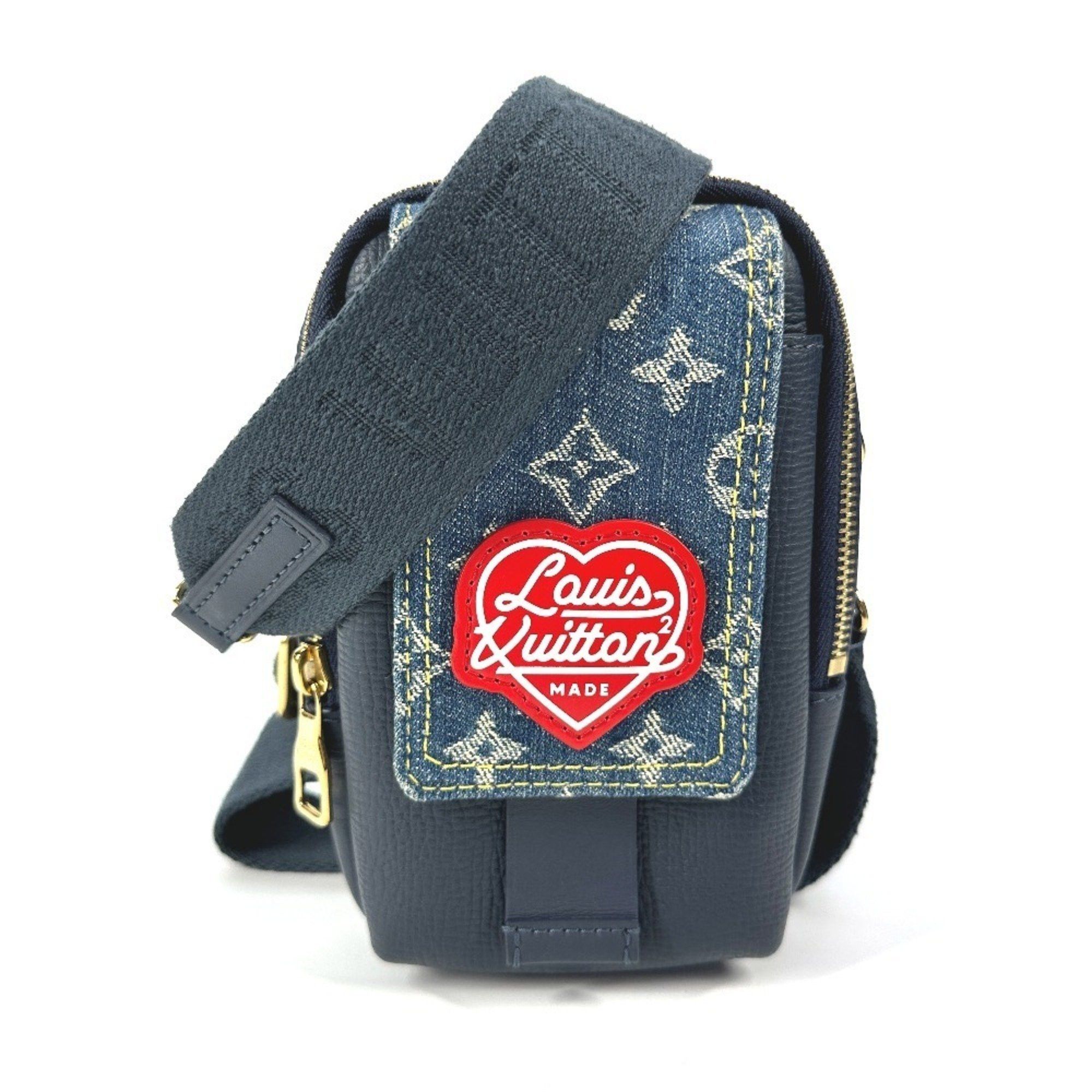 Louis Vuitton M81060 Monogram Denim Nigo Collaboration Double Phone Pouch Bag Pochette Crossbody Shoulder Leather Men's Women's Blue