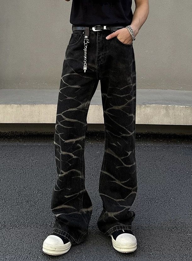 Japanese Brand × Vintage Retro fashion wavy print flared punk jeans pants Size US 33 - 1 Thumbnail