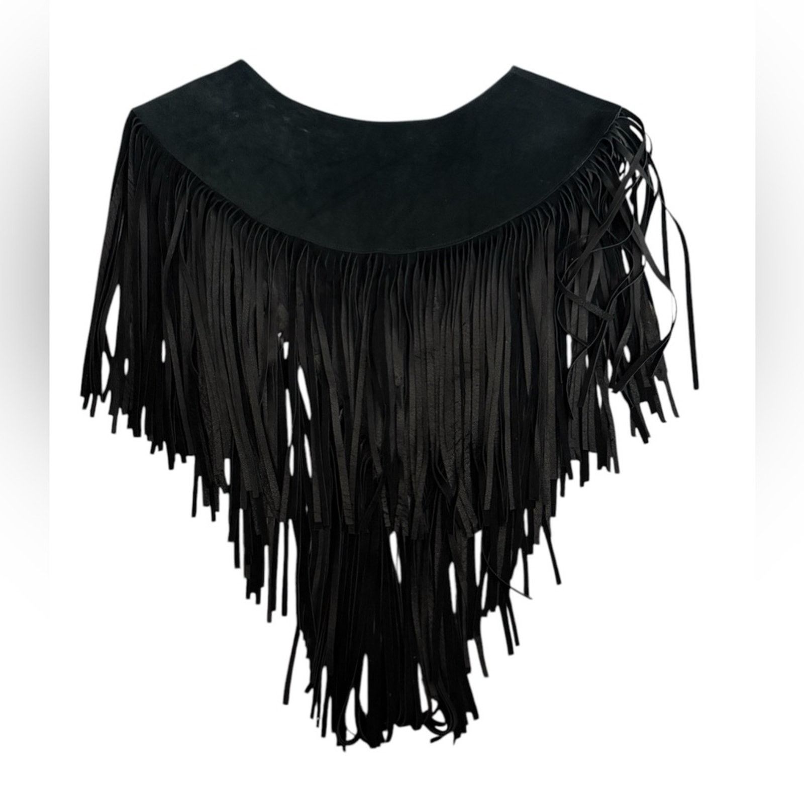 Handmade Black Leather Fringe Shawl Western Cowgirl Style Beaded Size ONE SIZE - 2 Thumbnail