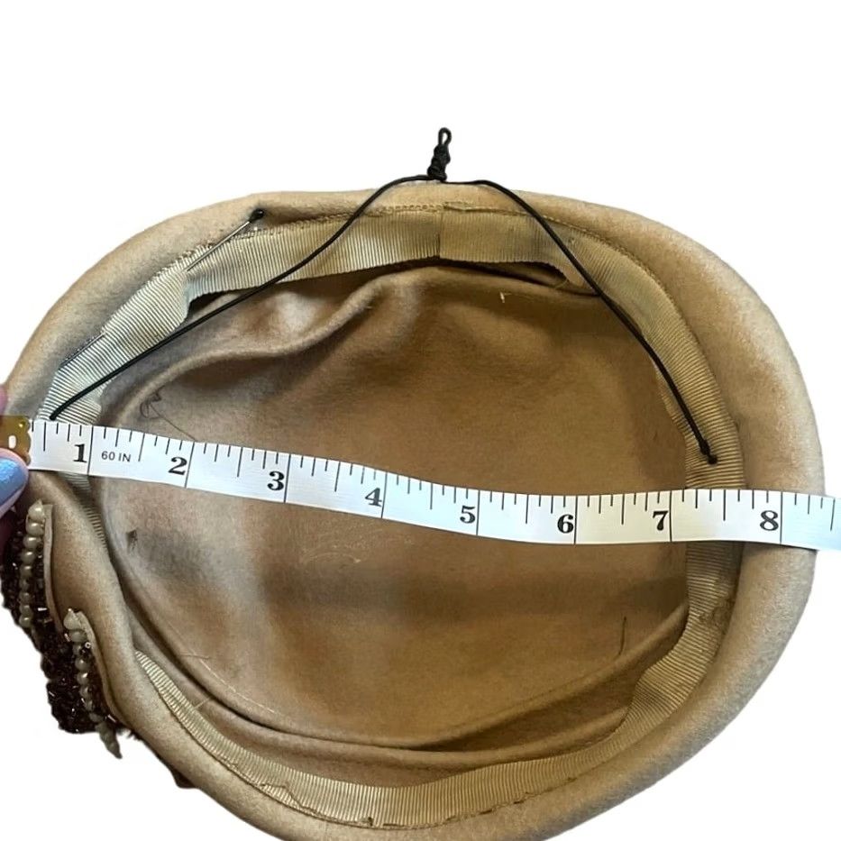 FELT VINTAGE Tan Felt Wool Bead Embellished Fascinator Beret Hat Women 50s Formal Party/Cocktail One Size Wool 100% Size ONE SIZE - 8 Thumbnail