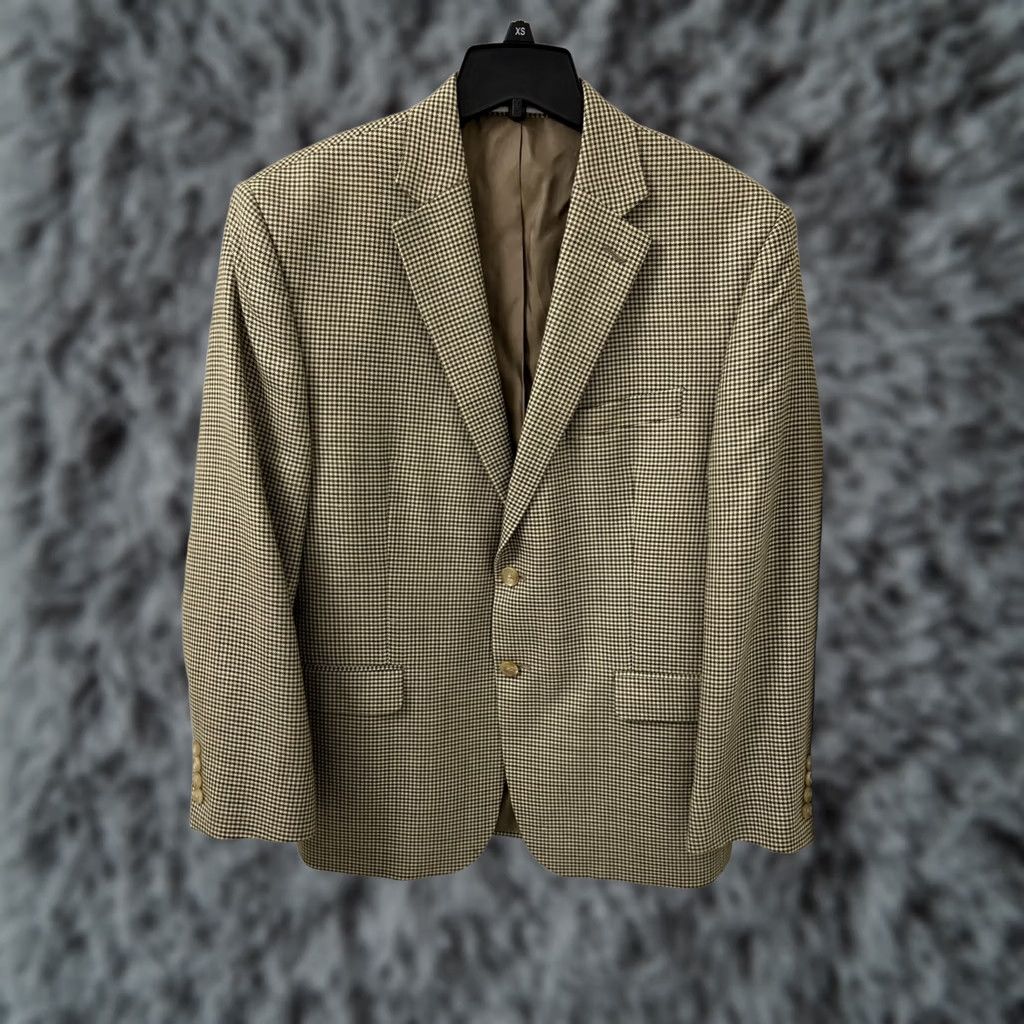 Ralph Lauren VINTAGE Lauren Ralph Lauren Blazer Mens 40S Brown Houndstooth Wool Silk Blend Regular Notch Lapel Two-Button Front Jacket Coat Classic Designer USA Size 40R - 1 Thumbnail
