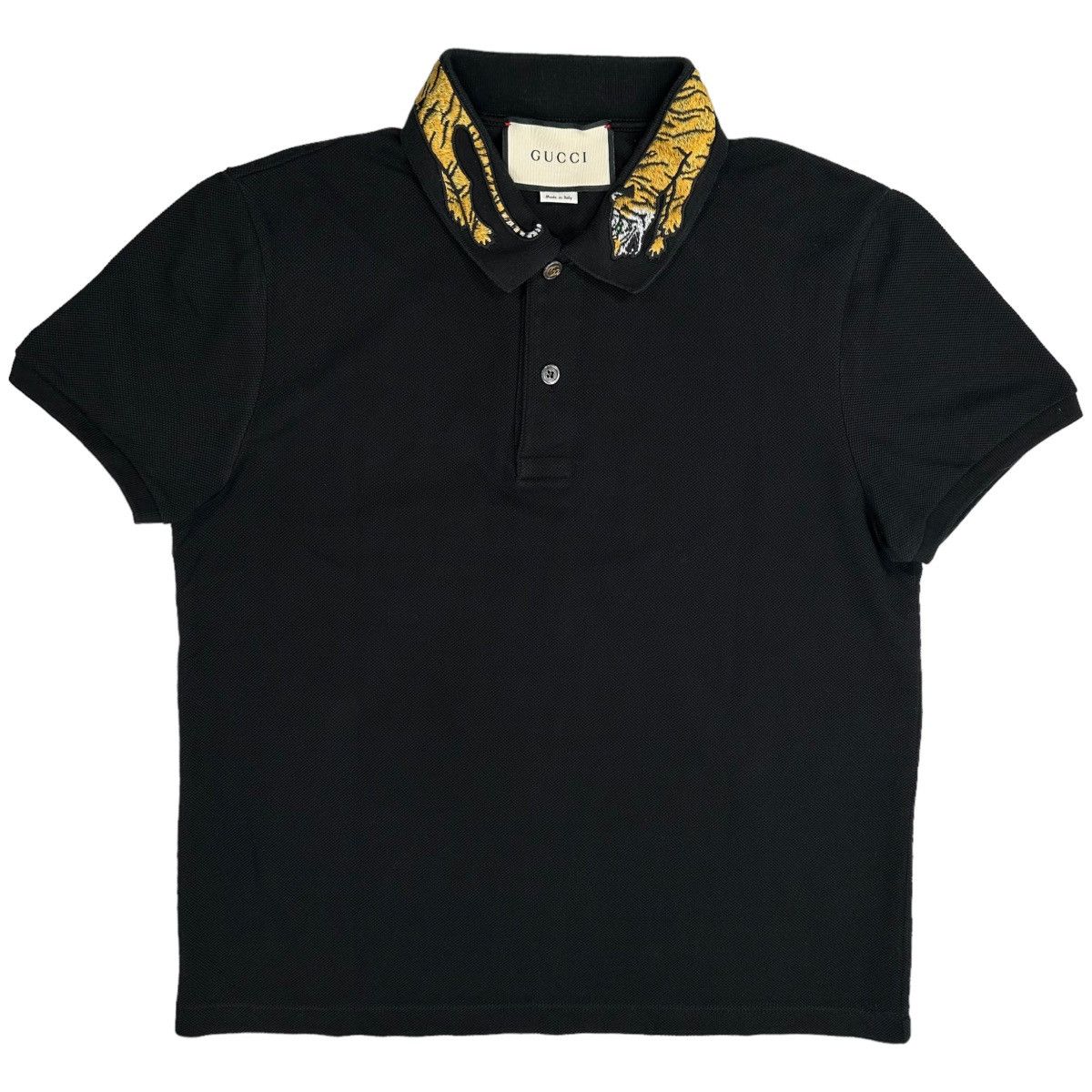 image of Gucci Size S Polo Shirt Tiger Neck Logo Wrap Around Collar in Black, Men's