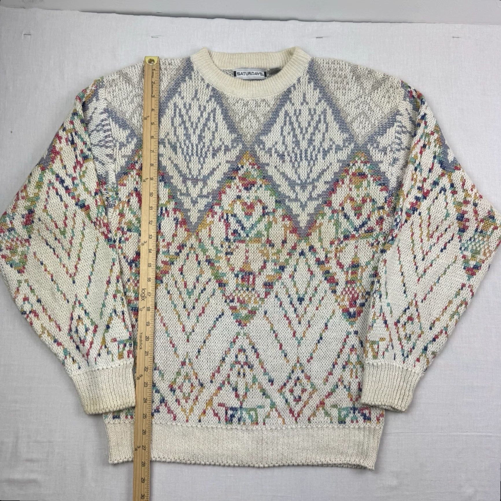 Saturdays NYC VINTAGE Saturdays Sweater Mens Pullover Adult Medium Ivory Cream Knit Geometric 90s Classic Crew Neck Long Sleeve Size US M / EU 48-50 / 2 - 7 Thumbnail