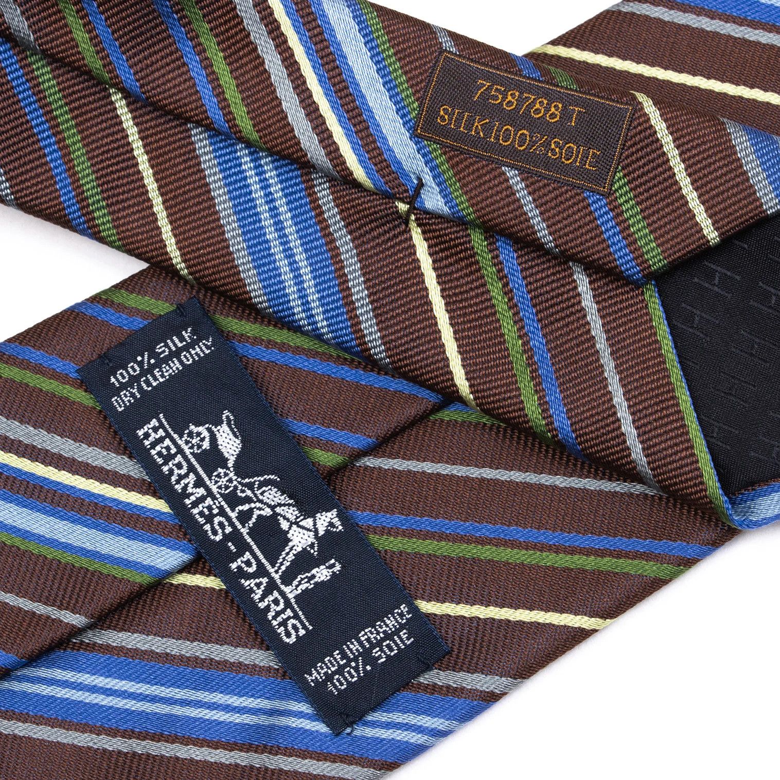 Hermes Multi-Stripe Jacquard Silk Tie in Brown, Blue, and Green Size ONE SIZE - 7 Thumbnail