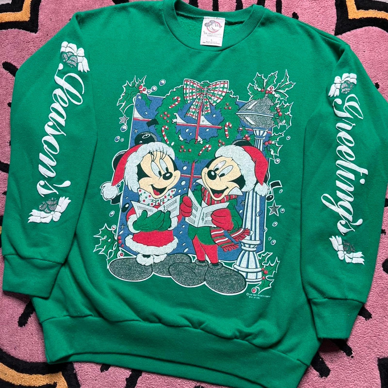 Disney × Mickey Mouse × Vintage Vtg Disney Mickey & Minnie Mouse Season Greeting Sweatshirt Size US L / EU 52-54 / 3 - 2 Thumbnail