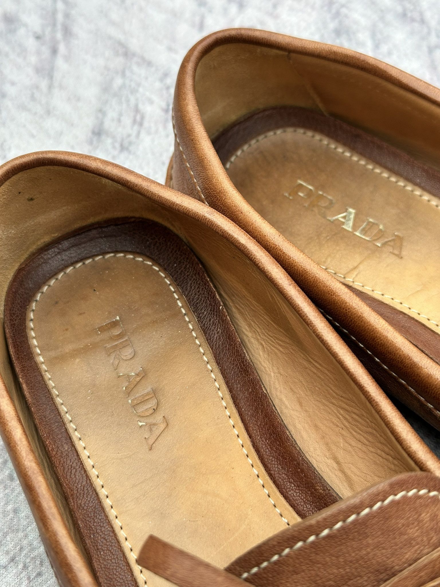 Prada Prada Slip On Loafers Brown Saffiano Leather Logo Size US 7 / IT 37 - 11 Thumbnail
