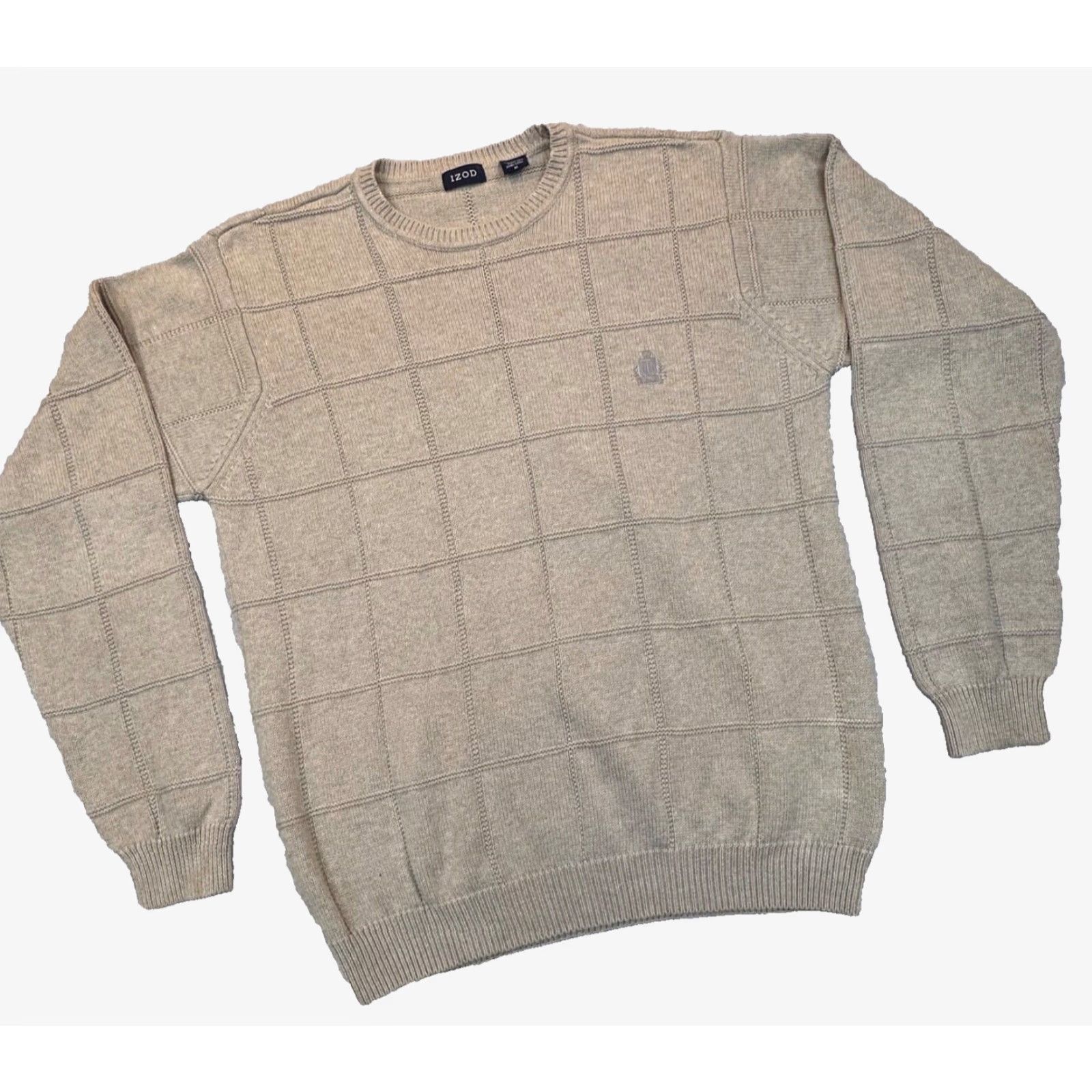 Izod VINTAGE IZOD BeIge Cotton Grid Knit Sweater Mens Medium Cre w Neck Cable Knit 90s Pullover logo Embroidered Size US M / EU 48-50 / 2 - 2 Thumbnail