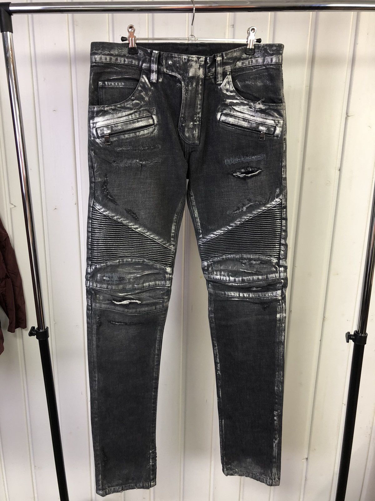 image of Balmain Runway Waxed Metallic Distressed Denim Jeans, Men's (Size 30)