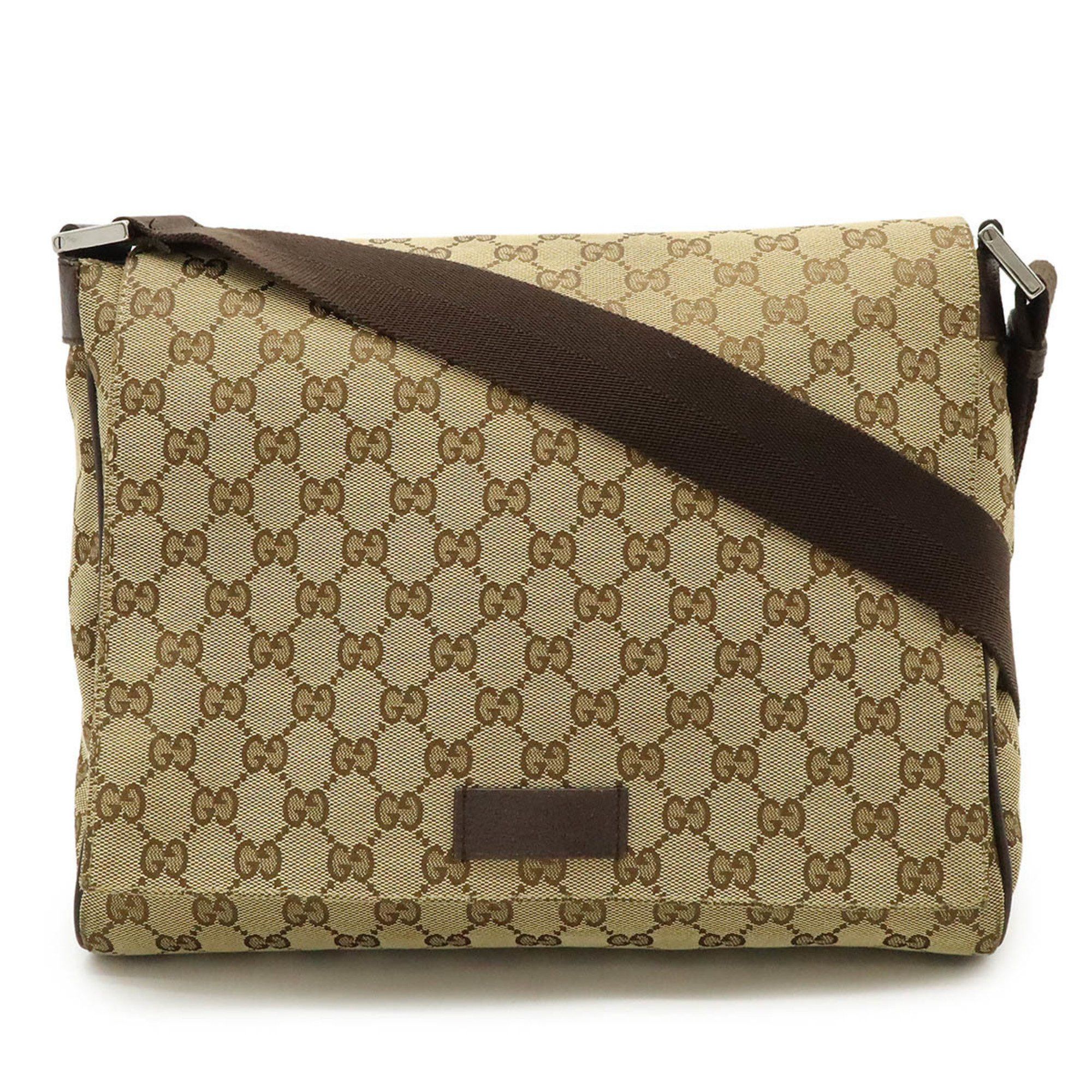 Gucci GG Canvas Shoulder Bag Leather Khaki Beige Dark Brown 146236, Women's