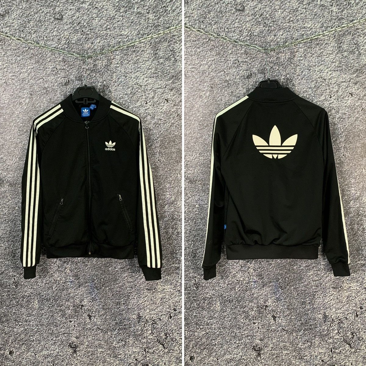 Adidas original three stripe track jacket with vintage logo in black online