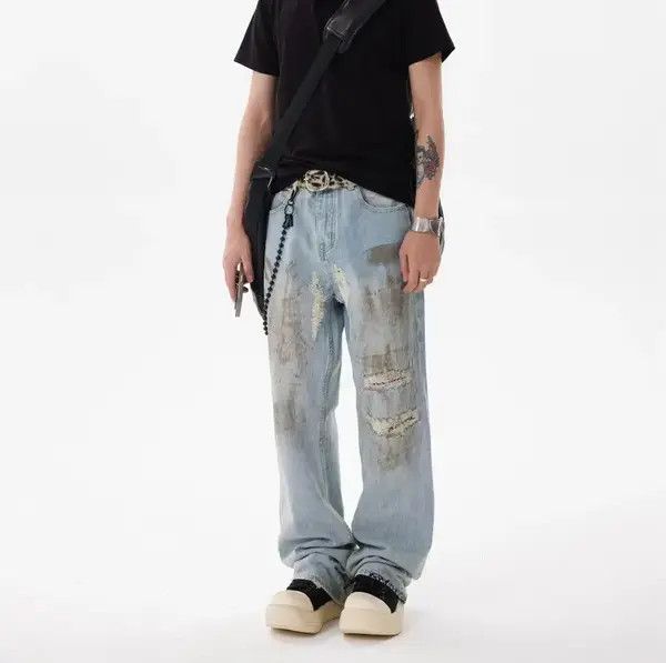 Japanese Brand VIBE Baggy Cashew Patch One Knee Ripped Dirty Jeans Size US 34 / EU 50 - 8 Thumbnail