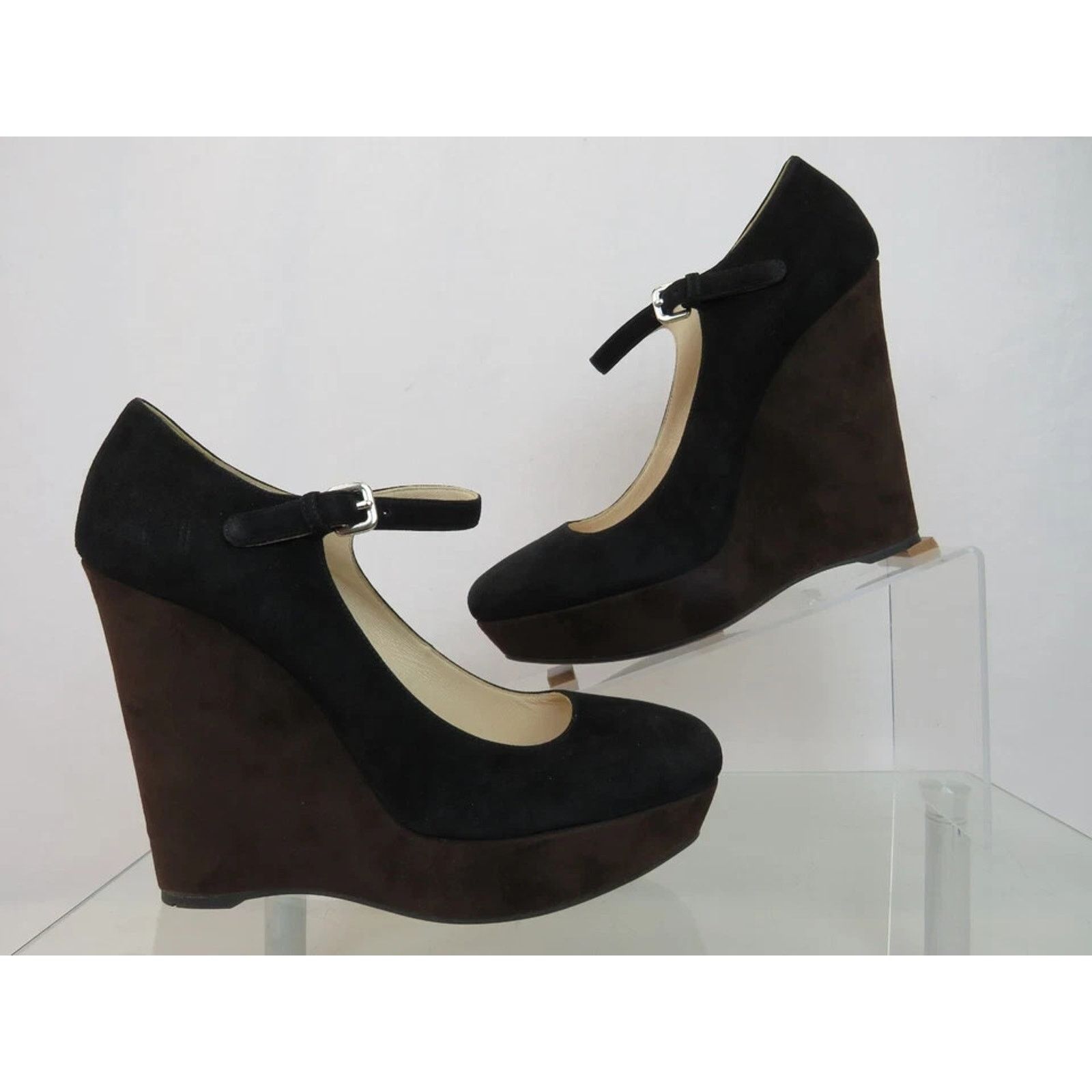 Prada NIB PRADA BLACK BROWN SUEDE WEDGE PLATFORM PUMPS 41 ITALY Size US 11 / IT 41 - 3 Thumbnail