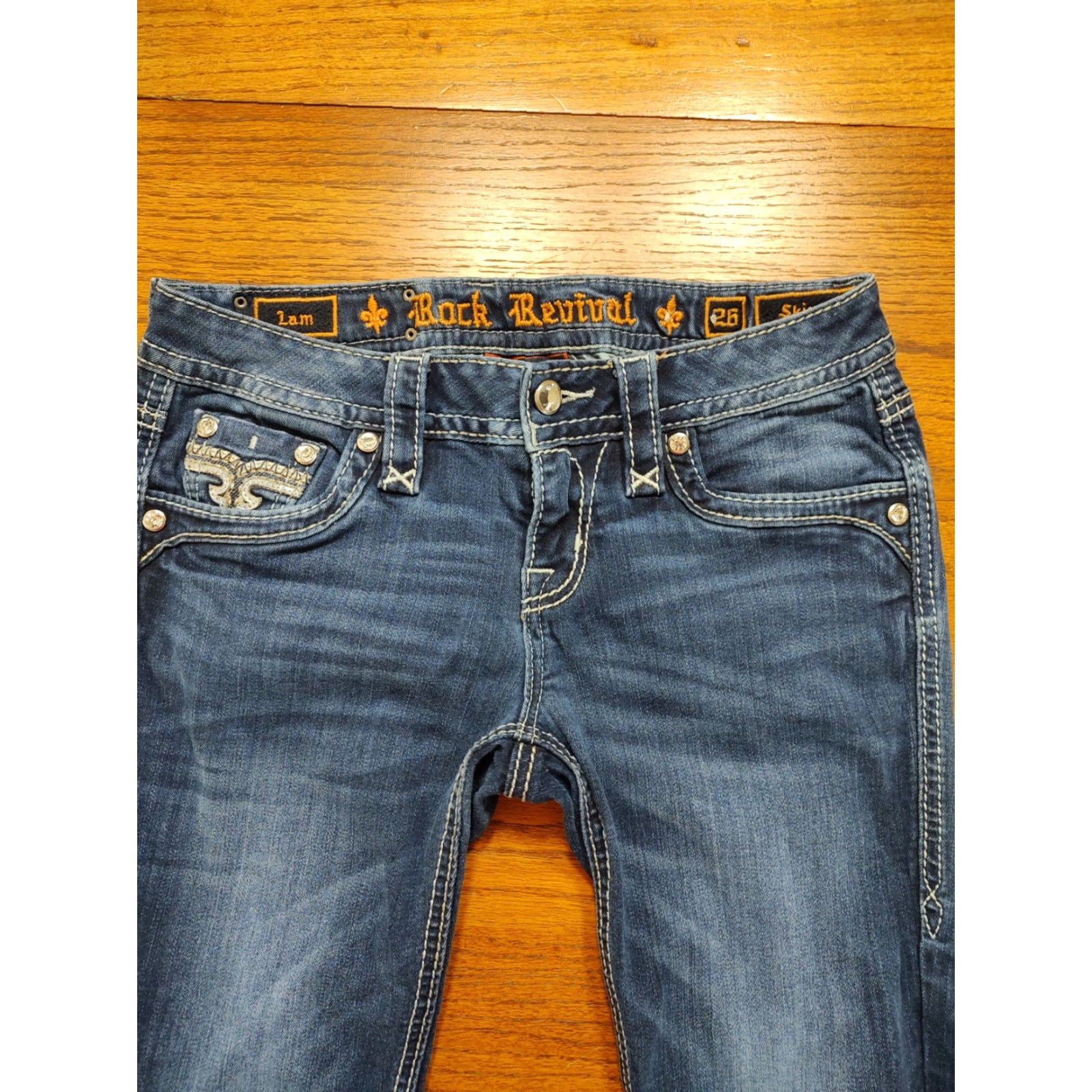 Vintage Rock Revival Jeans Womens Skinny 26 Regular 31in Blue Denim Rock Biker Logo Embroidered 5-Pocket Zip Button Stretch Modern N/A Size 26" / US 2 / IT 38 - 5 Thumbnail