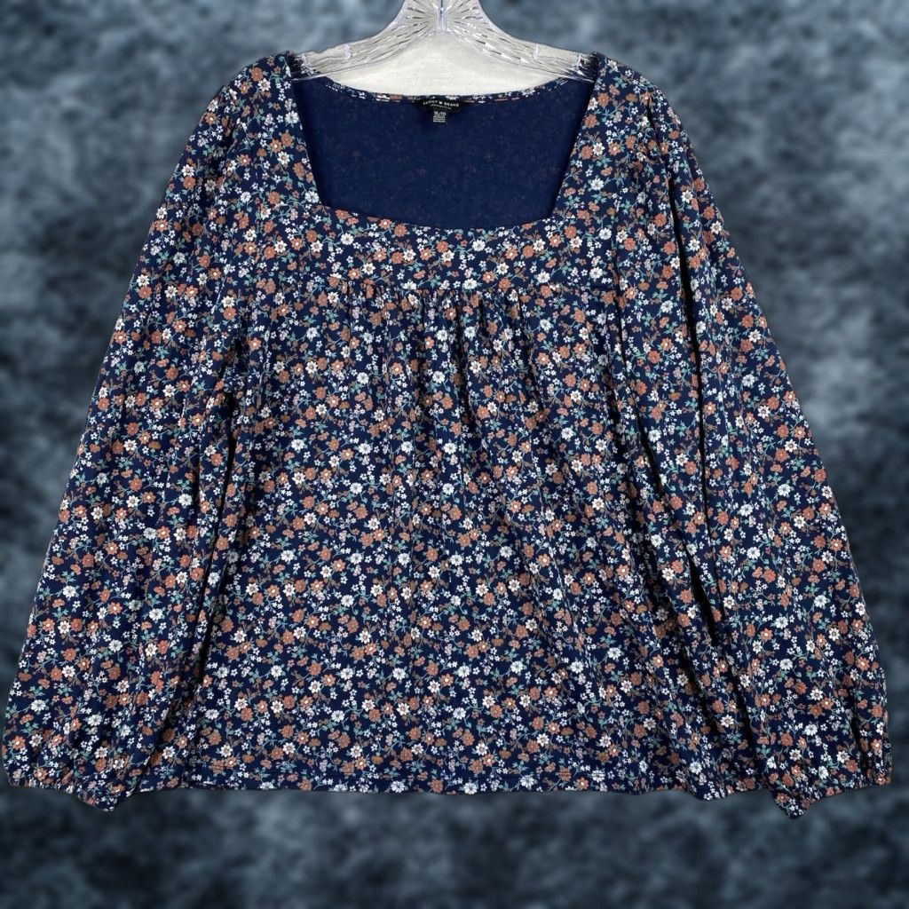 Lucky Brand Lucky Brand Top Womens XL Blue Micro Floral Long Sleeve Pullover Square Neck Blouse Size XL / US 12-14 / IT 48-50 - 1 Thumbnail